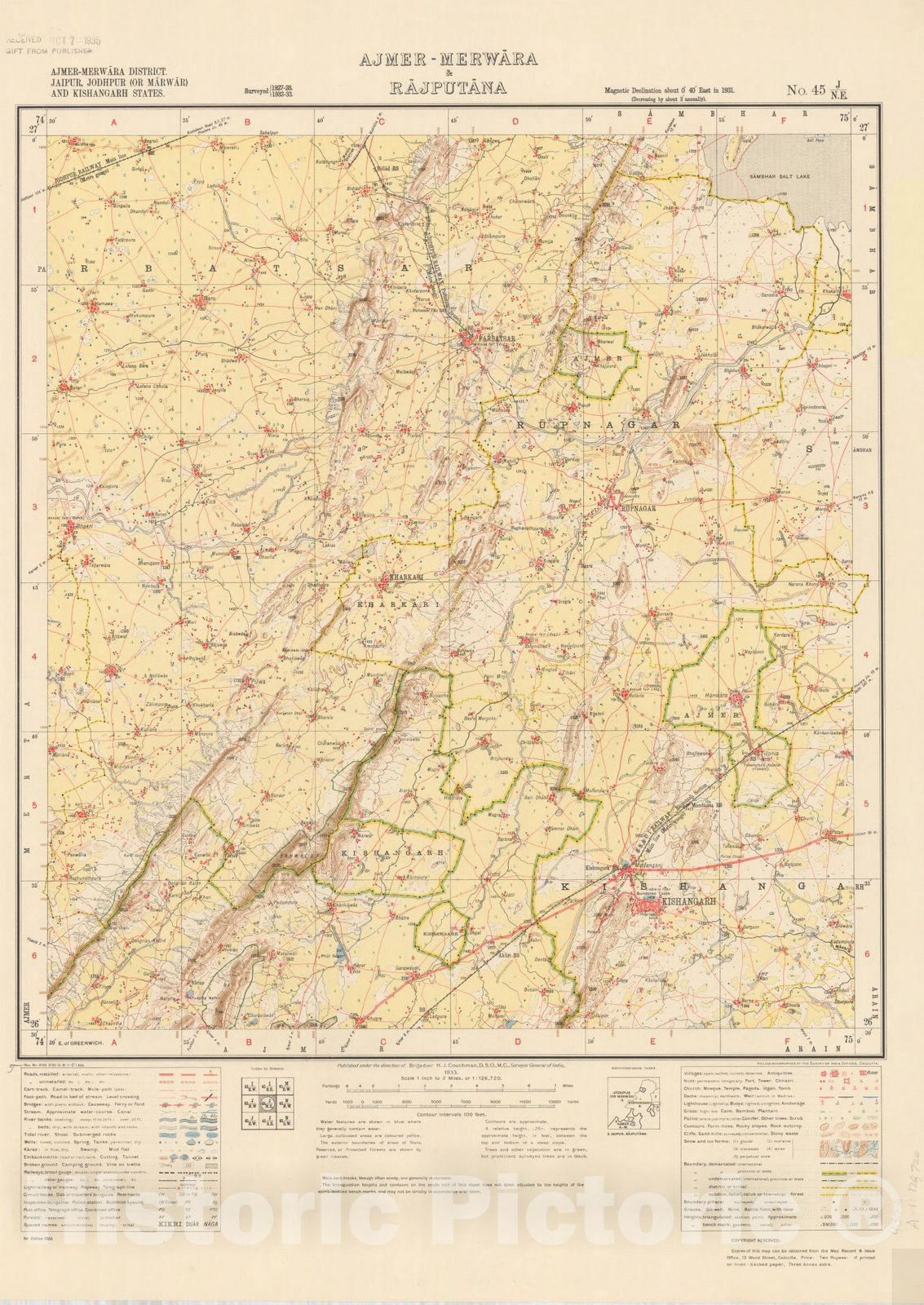 Map : Ajmer-Merwara District, Jaipur, Jodhpur (or Marwar) and Kishangarh States, Ajmer-Merwara & Rajputana, No. 45 J/N.E. 1933, India and adjacent countries