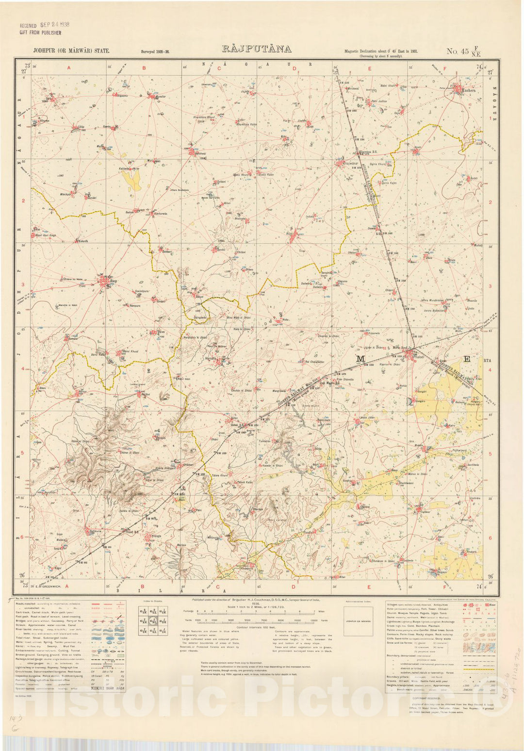 Map : Jodhpur (or Marwar) State, Rajputana, No. 45 F/N.E. 1936, India and adjacent countries, Antique Vintage Reproduction