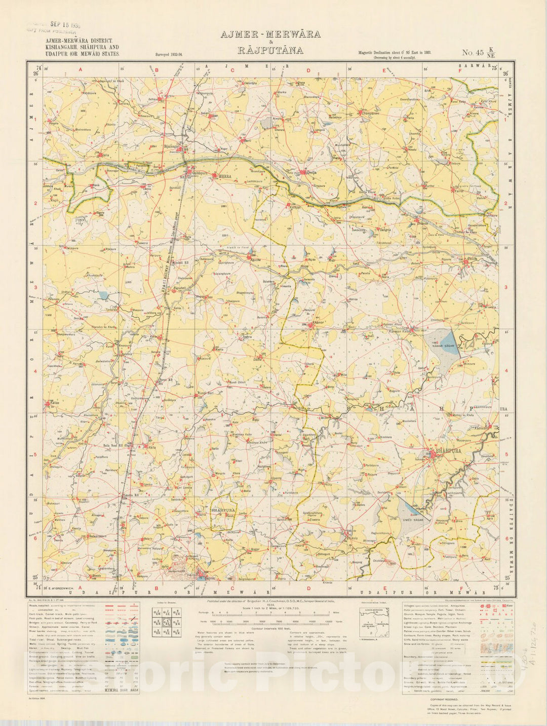 Map : Ajmer-Merwara District, Kishangarh, Shahpura and Udaipur (or Mewar) States, Ajmer-Merwara & Rajputana, No. 45 K/N.E. 1934, India and adjacent countries