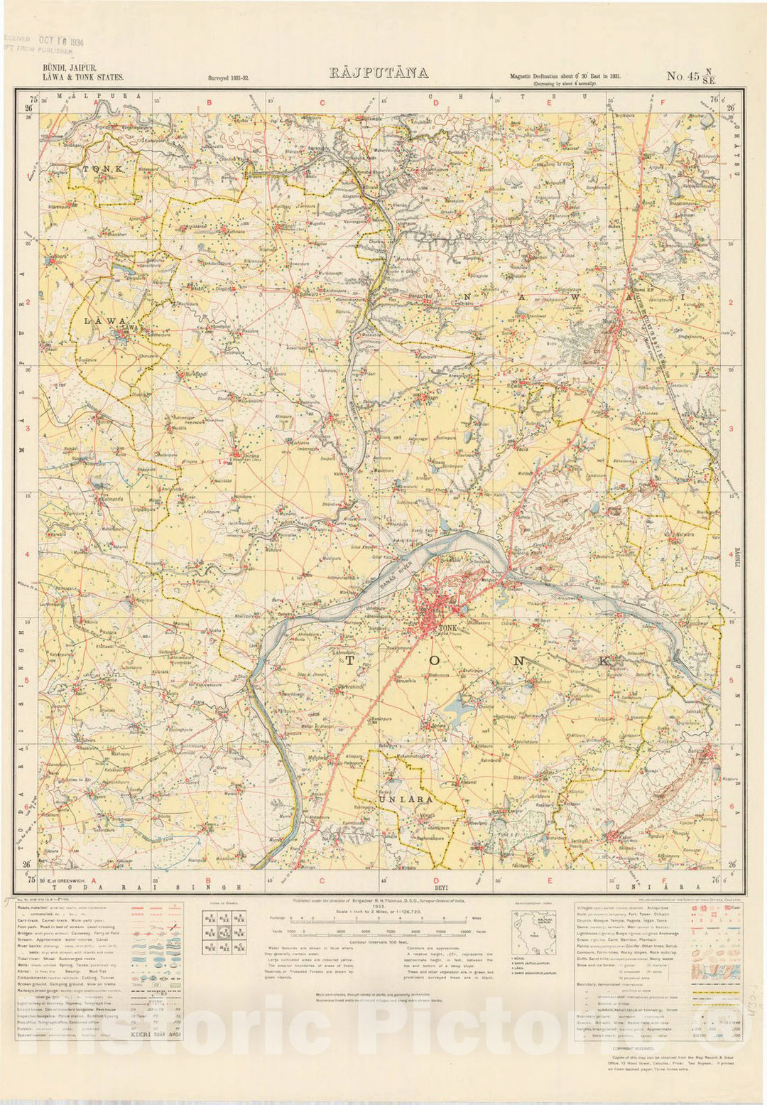 Map : Bundi, Jaipur, Lawa & Tonk States, Rajputana, No. 45 N/S.E. 1933, India and adjacent countries, Antique Vintage Reproduction