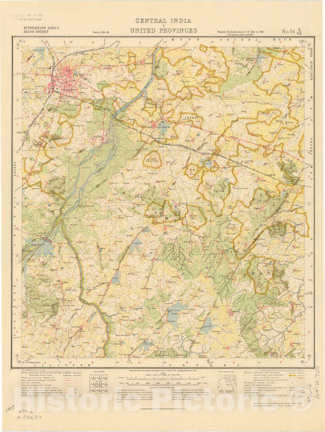 Map : Bundelkhand Agency, Jhansi District, Central India & United Provinces, No. 54 K/S.E. 1928, India and adjacent countries, Antique Vintage Reproduction