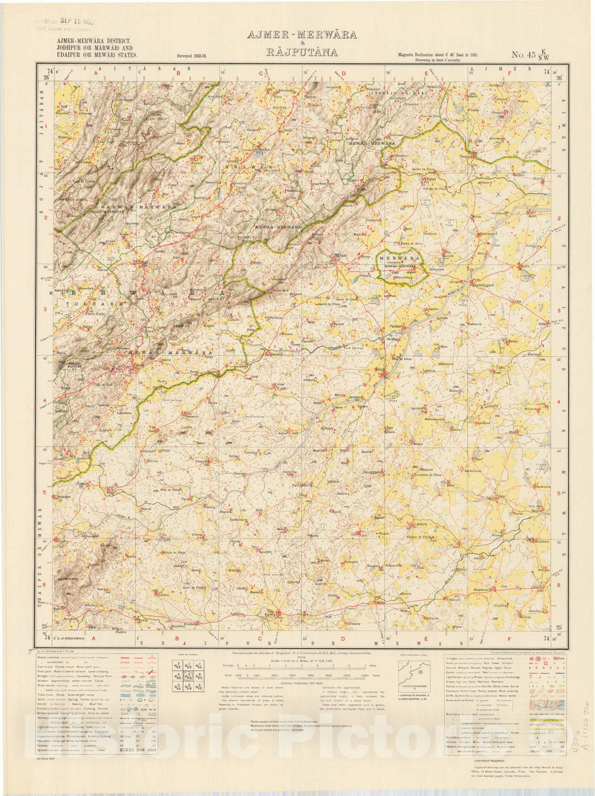 Map : Ajmer-Merwara District, Jodhpur (or Marwar) and Udaipur (or Mewar) States, Ajmer-Merwara & Rajputana, No. 45 K/N.W. 1934, India and adjacent countries