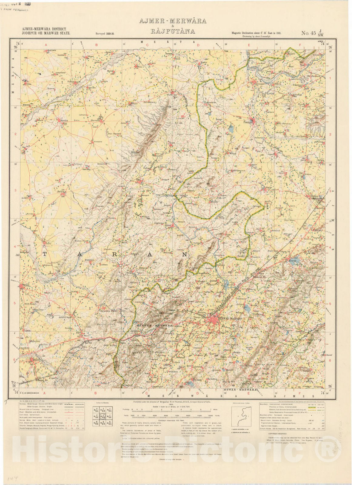 Map : Ajmer-Merwara District, Jodhpur or Marwar State, Ajmer-Merwara & Rajputana, No. 45 J/S.W. 1931, India and adjacent countries, Antique Vintage Reproduction