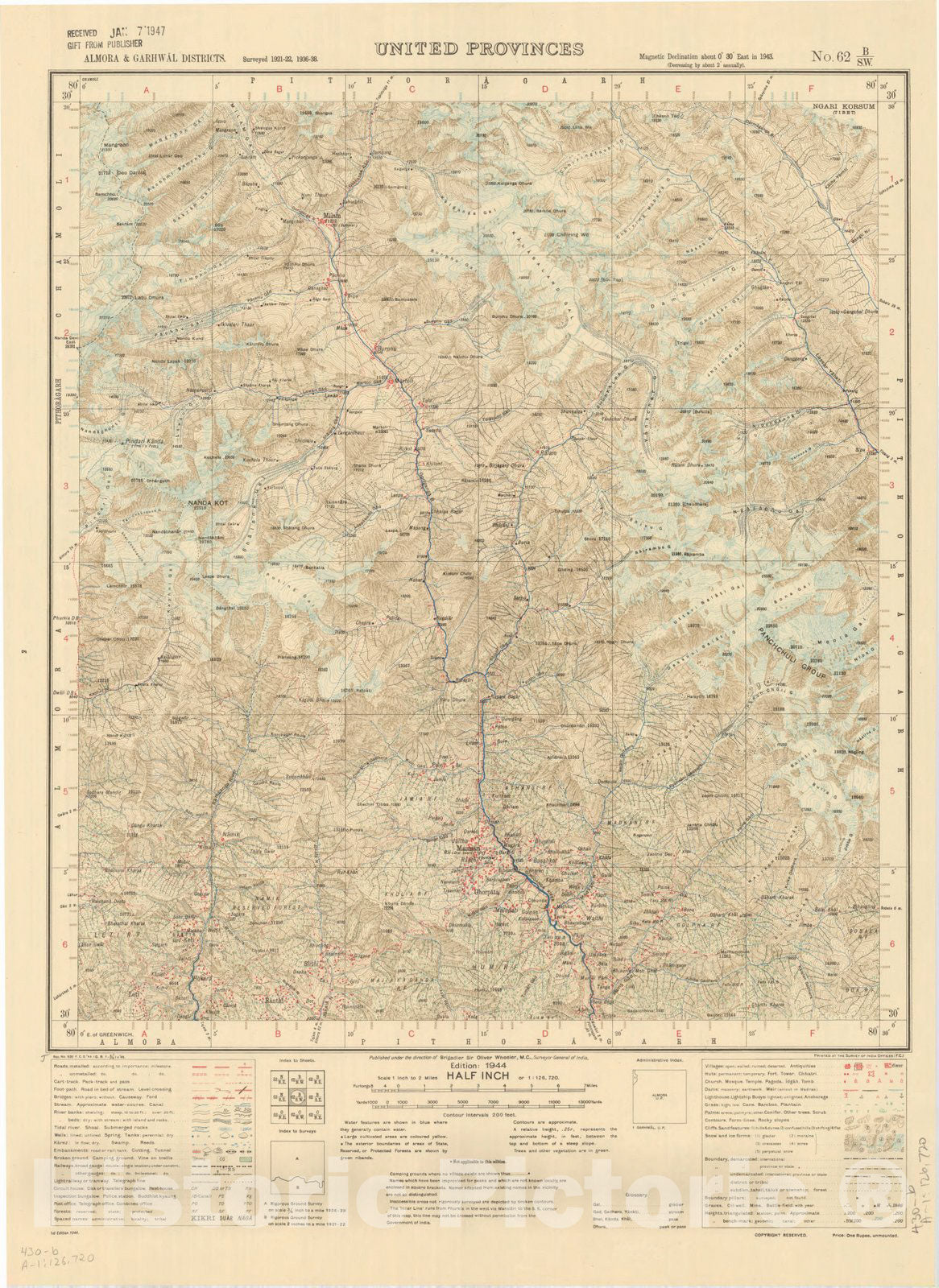 Map : Almora & Garhwal Districts, United Provinces, No. 62 B/S.W. 1944, India and adjacent countries, Antique Vintage Reproduction