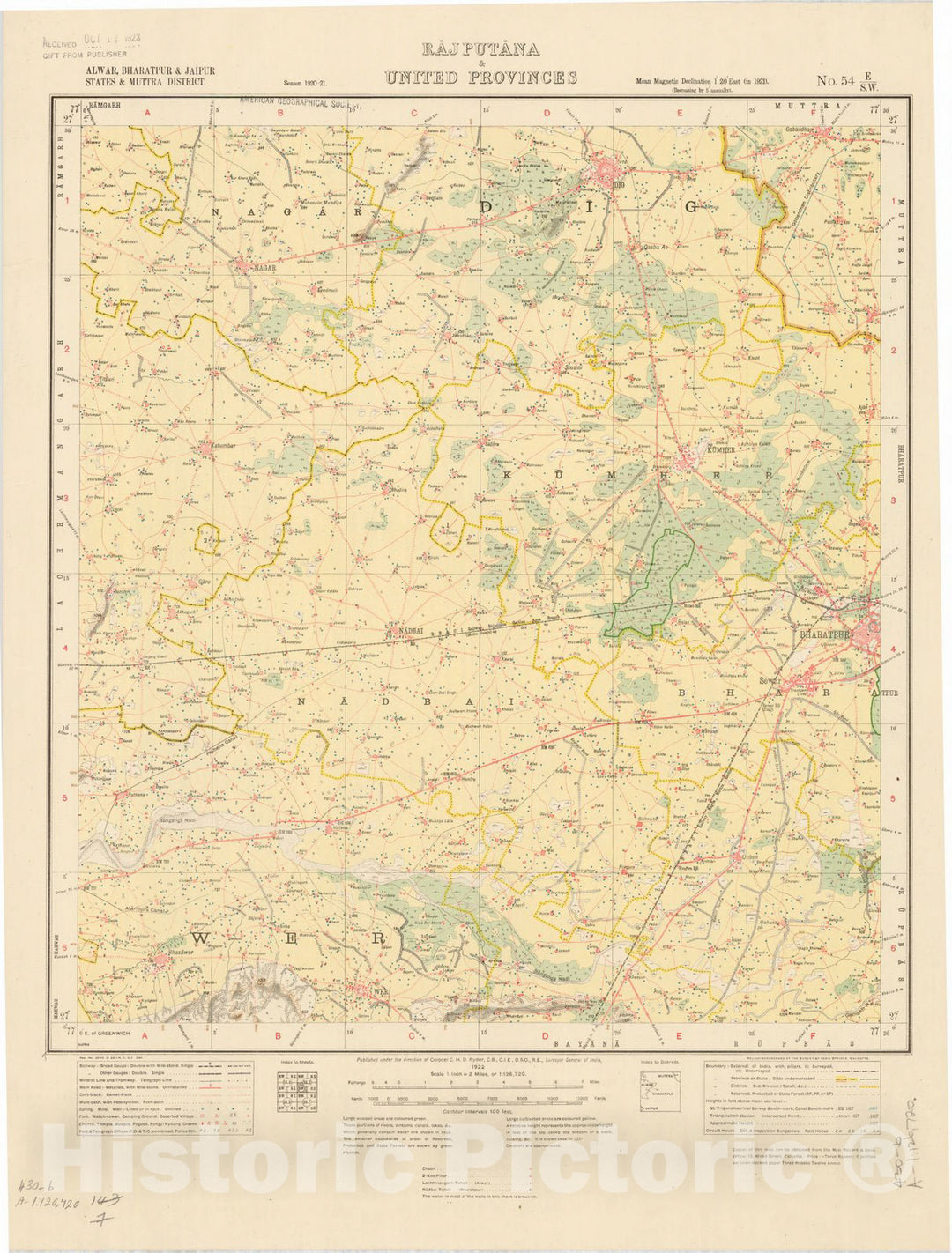 Map : Alwar, Bharatpur & Jaipur States & Muttra District, Rajputana & United Provinces, No. 54 E/S.W. 1922, India and adjacent countries, Antique Vintage Reproduction