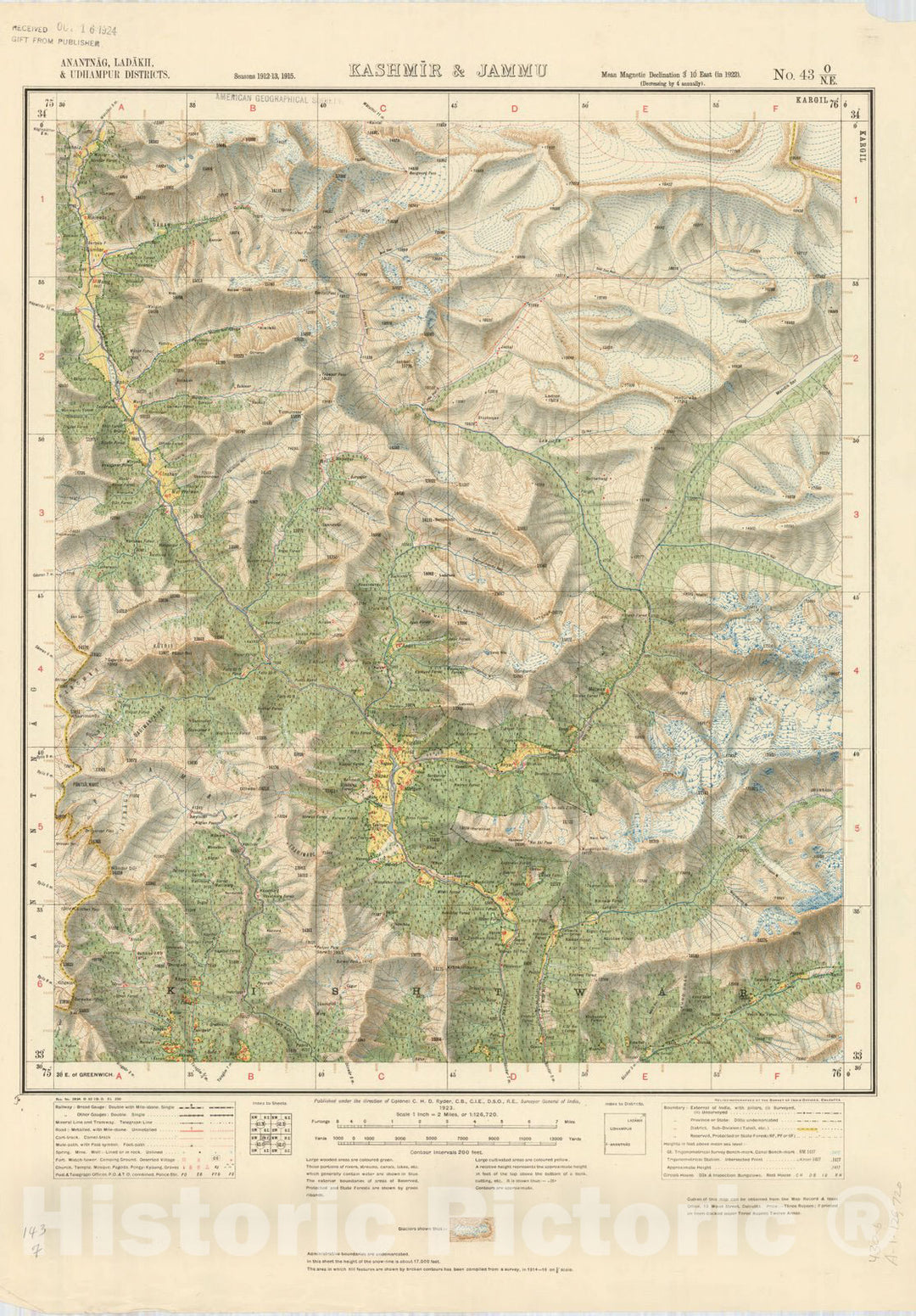 Map : Anantnag, Ladakh, & Udhampur Districts, Kashmir & Jammu, No. 43 O/N.E. 1923, India 1:126,720, Antique Vintage Reproduction