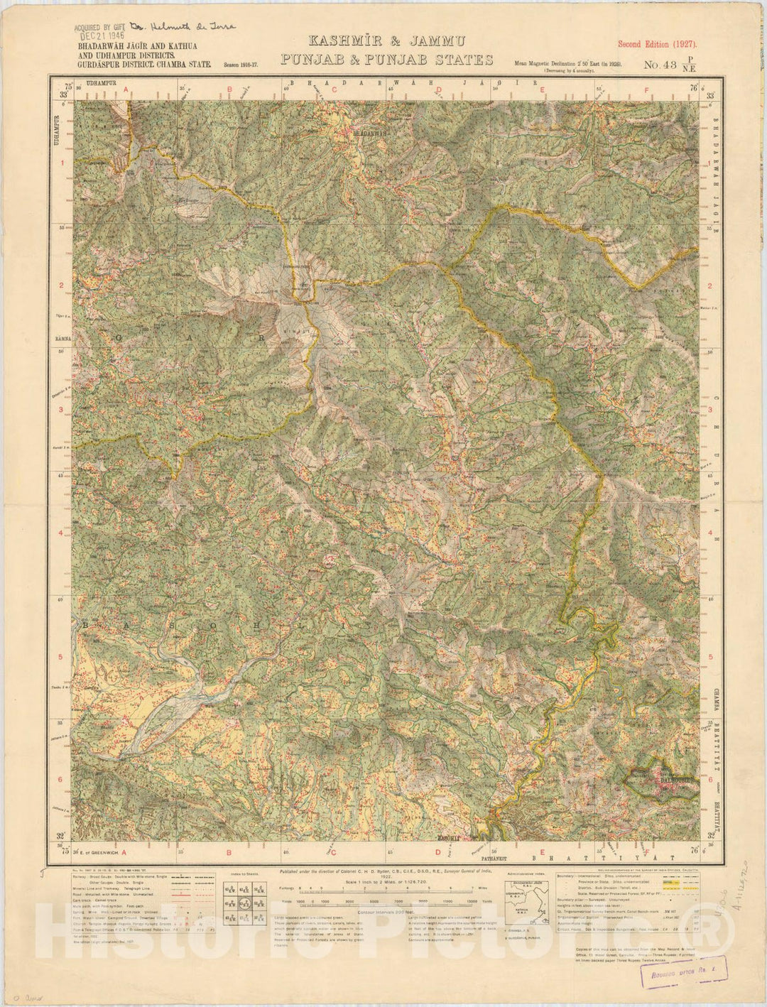 Map : Bhadarwah Jagir and Kathua and Udhampur Districts Gurdaspur District, Chamba State, Kashmir & Jammu, Punjab & Punjab States, No. 43 P/N.E. 1927, India 1:126,720