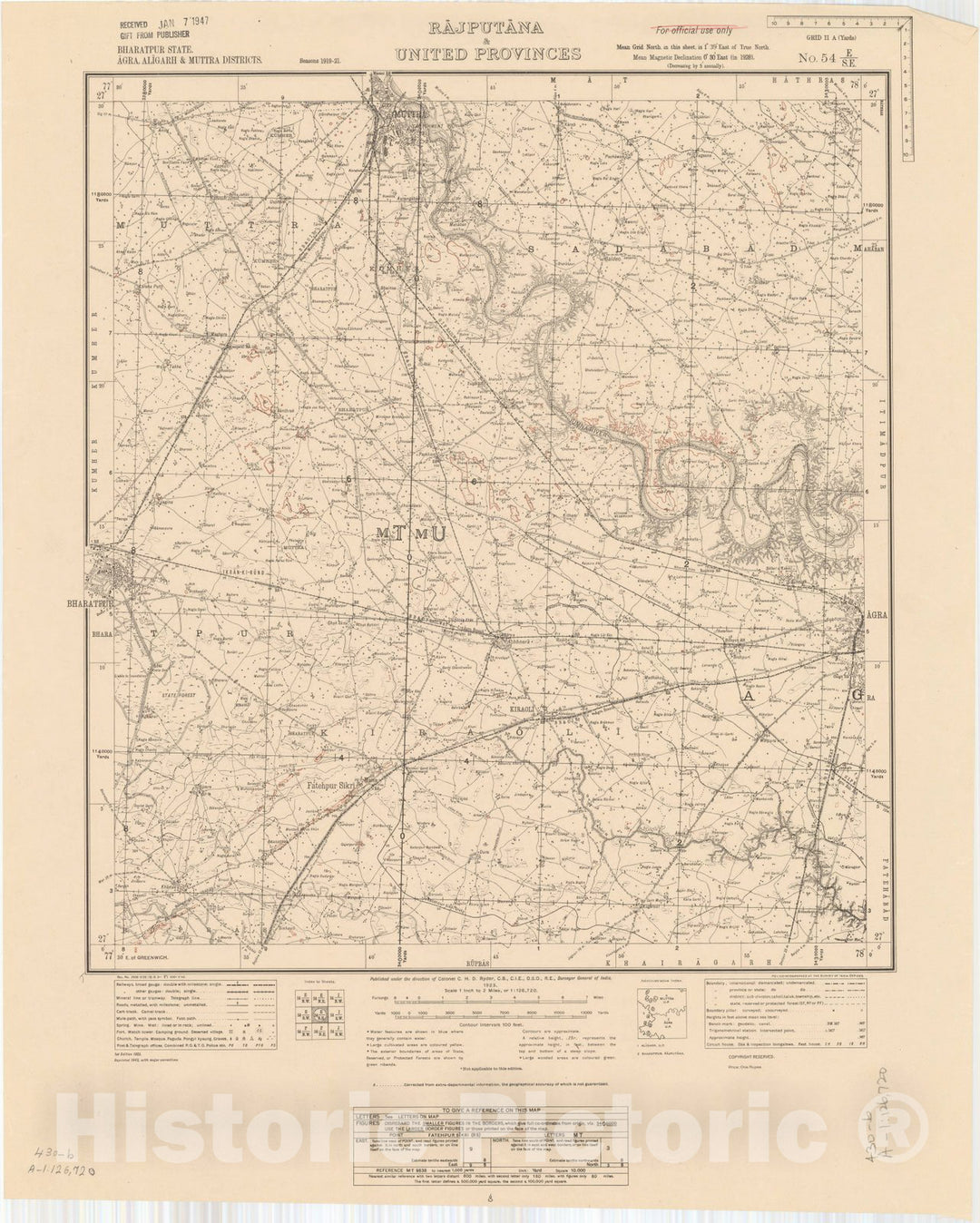 Map : Bharatpur State, Agra, Aligarh & Muttra Districts, Rajputana & United Provinces, No. 54 E/S.E. 1943, India and adjacent countries, Antique Vintage Reproduction