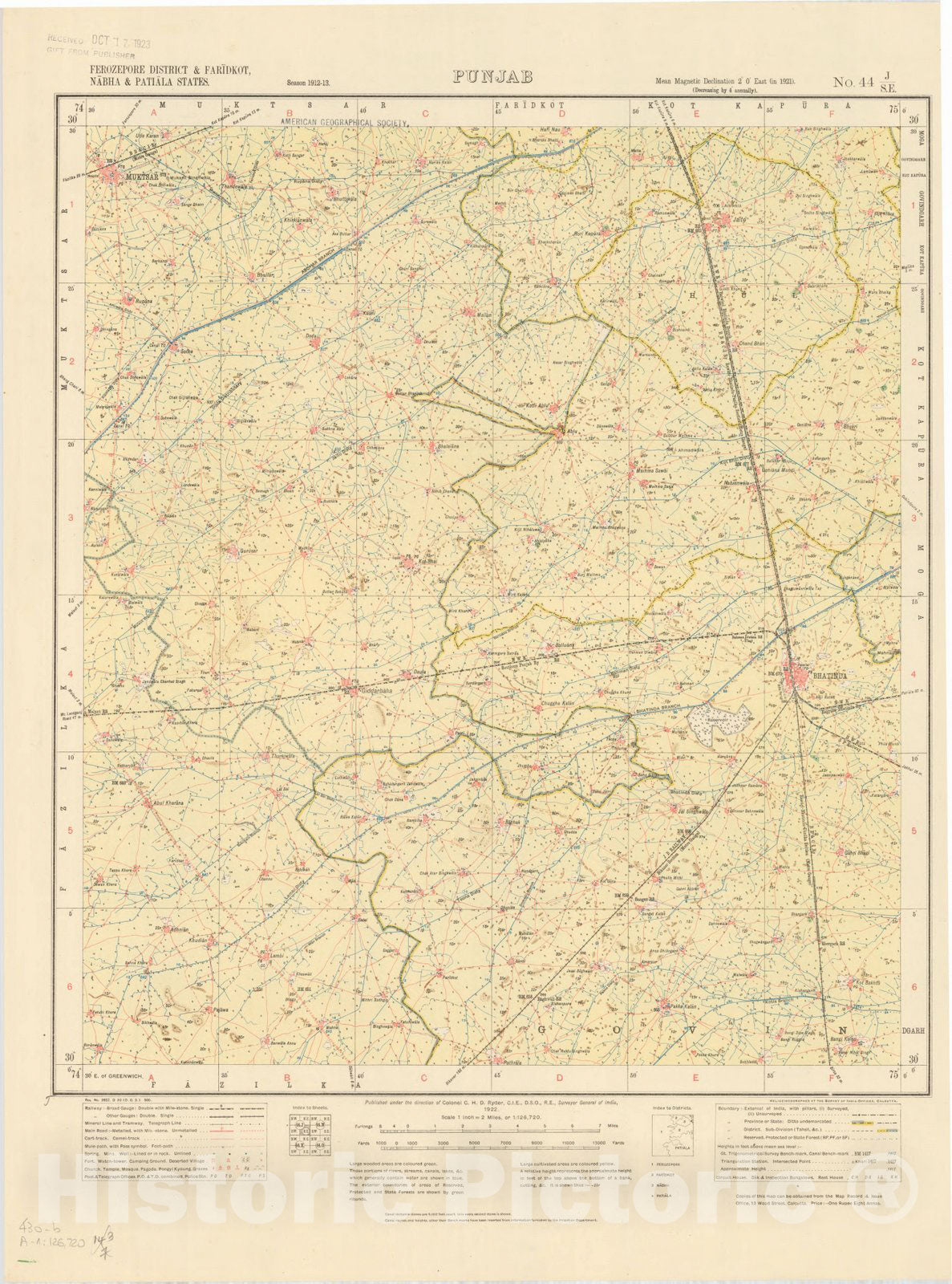 Map : Ferozepore District & Faridkot, Nabha & Patiala States, Punjab No. 44 J/S.E. 1922, India 1:126,720, Antique Vintage Reproduction