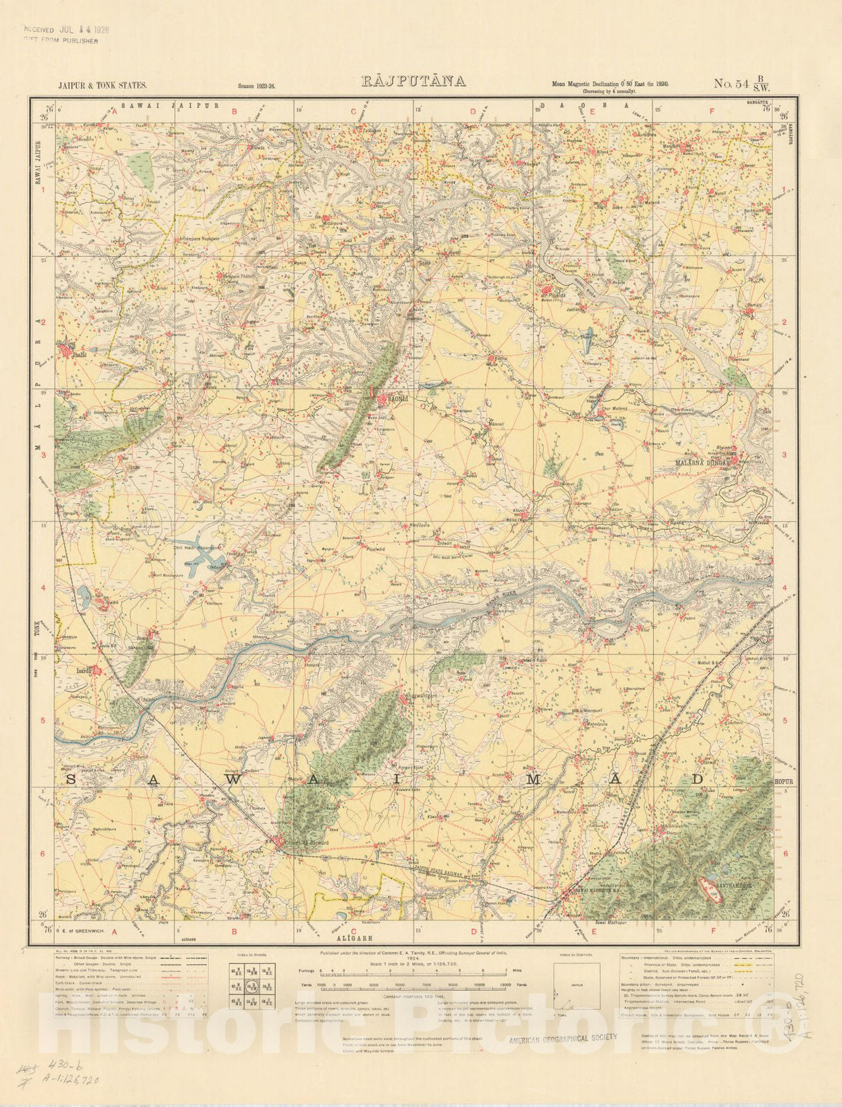 Map : Jaipur & Tonk States, Rajputana, No. 54 B/S.W. 1924, India and adjacent countries, Antique Vintage Reproduction