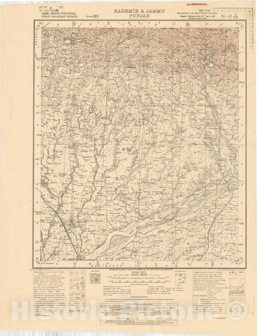 Map : Jammu, Mirpur, Gufranwala, Gufrat and Sialkot Districts, Kashmir & Jammu, Punjab, No. 43 L/N.W. 1943, India 1:126,720, Antique Vintage Reproduction