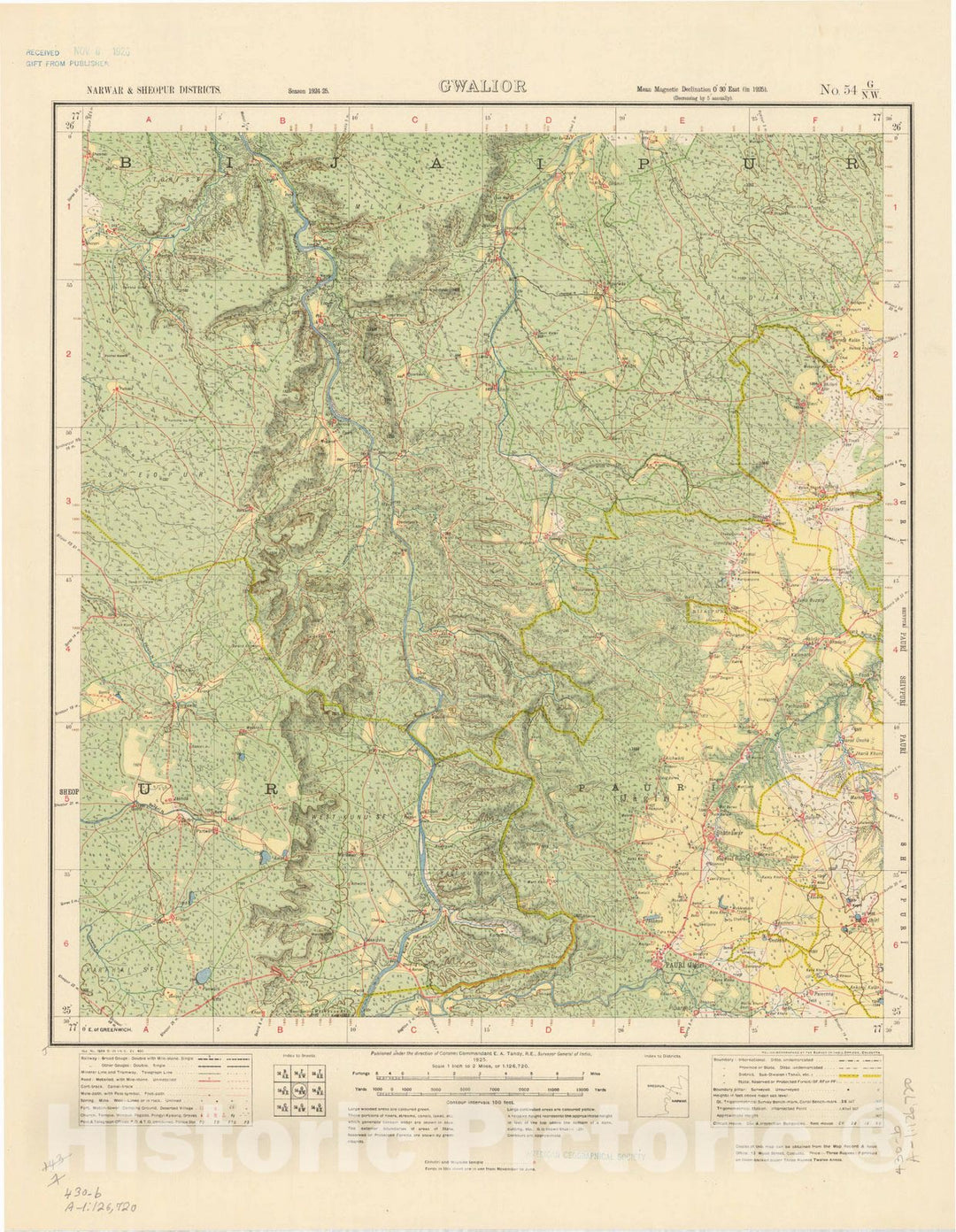 Map : Narwar & Sheopur Districts, Gwalior No. 54 G/N.W. 1925, India and adjacent countries, Antique Vintage Reproduction