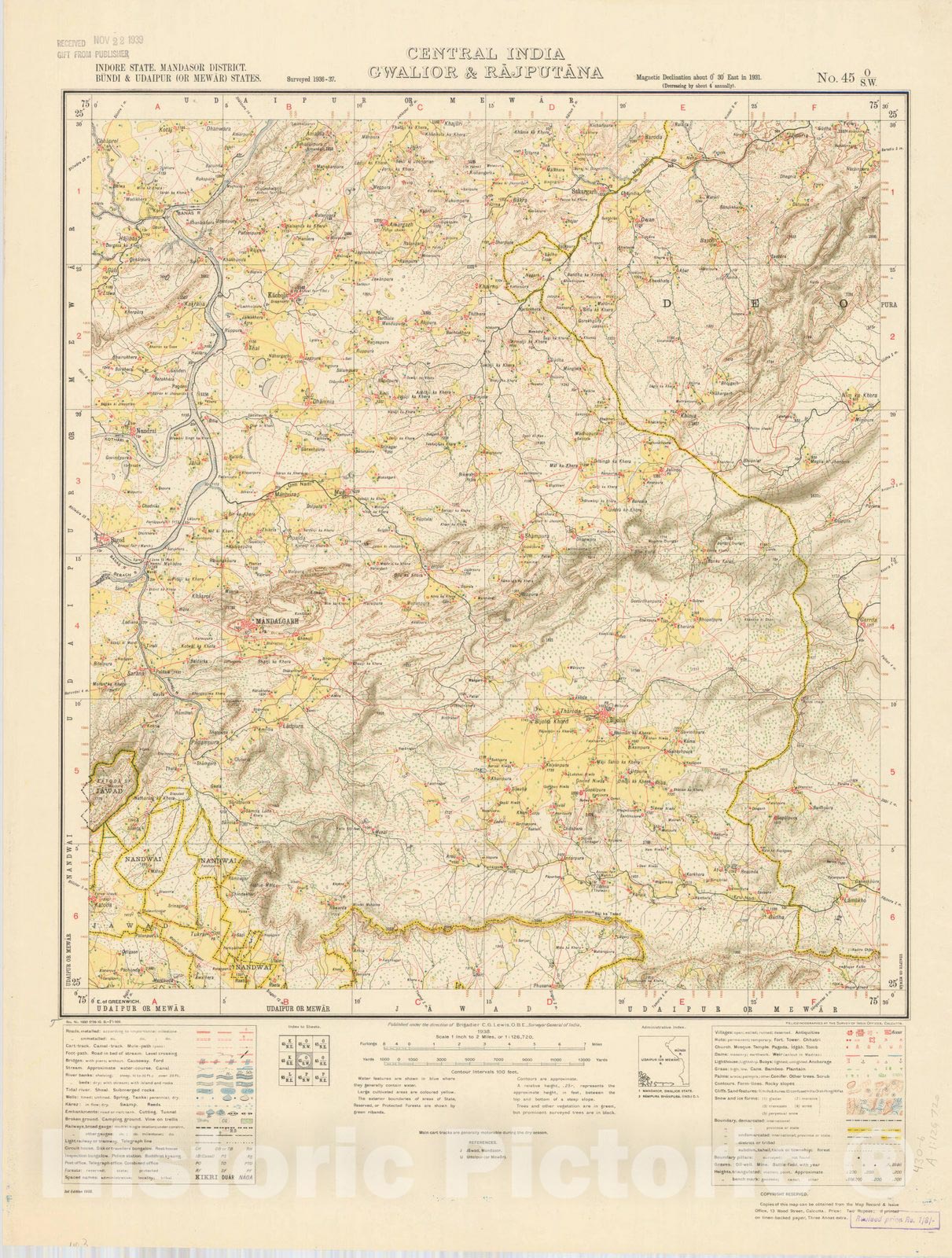 Map : Indore State, Mandasor District, Bundi & udaipur (or Mewar) States, Central India, Gwalior & Rajputana No. 45 O/S.W. 1938, India and adjacent countries