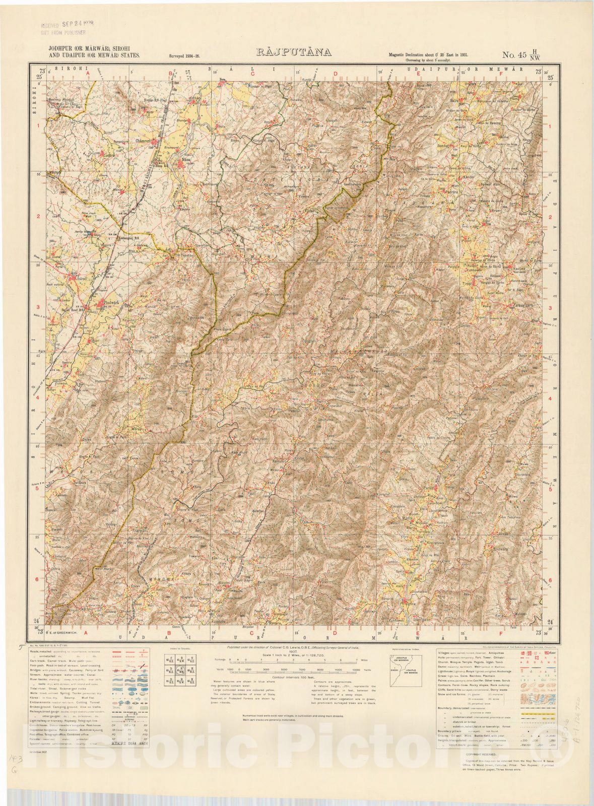 Map : Jodhpur (or Marwar), Sirohi and Udaipur (or Mewar) States, Rajputana, No. 45 H/N.W. 1937, India and adjacent countries, Antique Vintage Reproduction