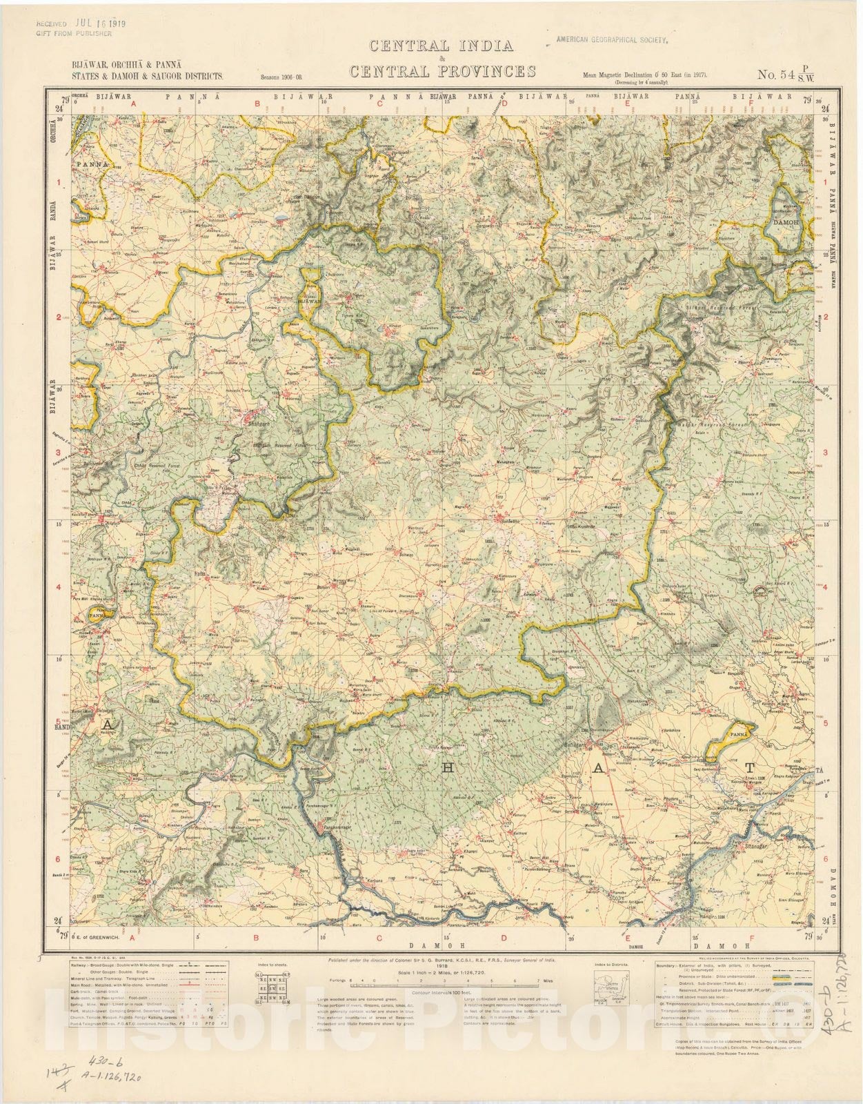 Map : Bijawar, Orchha & Panna States, & Damoh & Saugor Districts, Central India & Central Provinces, No. 54 P/S.W. 1918, India and adjacent countries