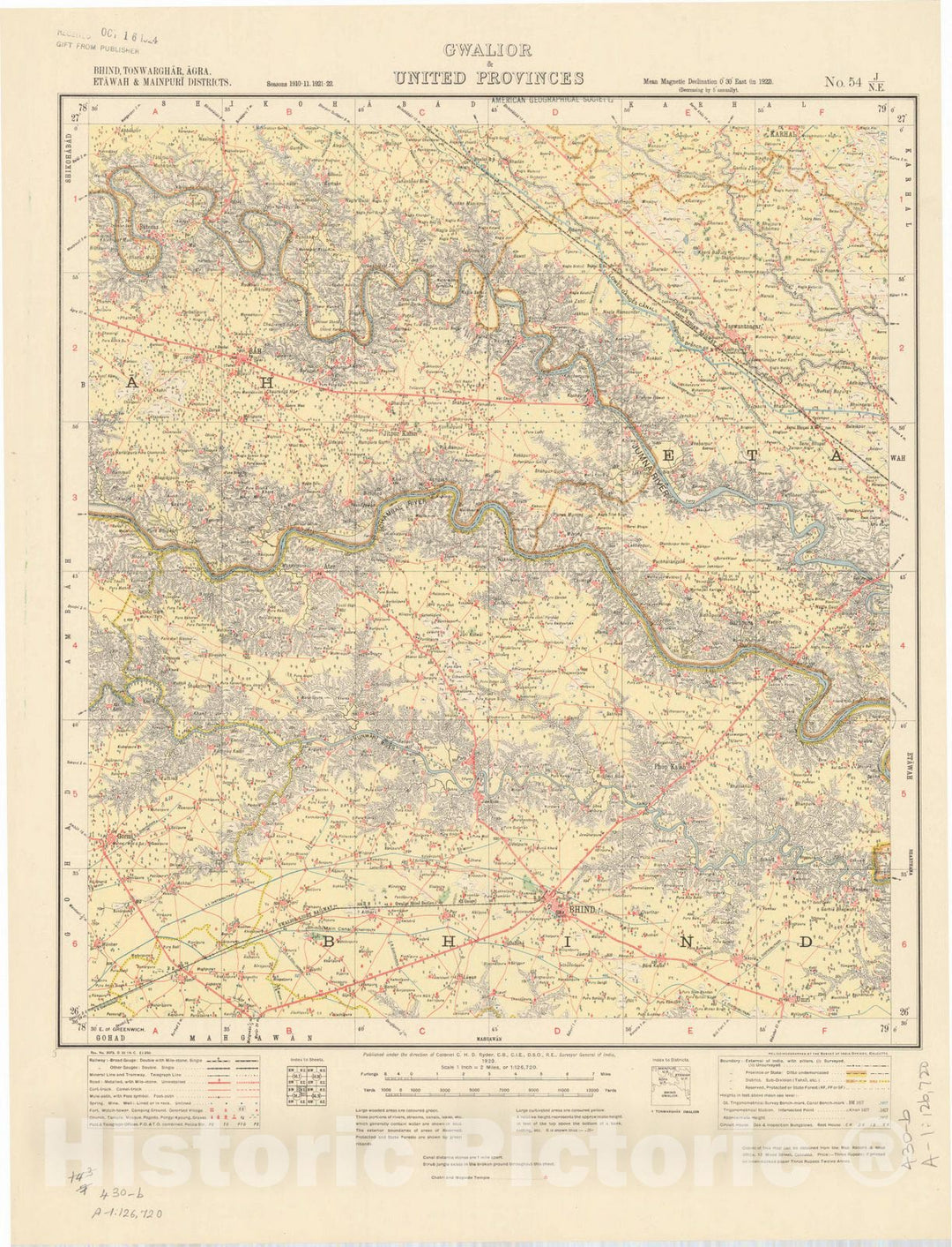 Map : Bhind, Tonwarghar, Agra, Etawah & Mainpuri Districts, Gwalior & United Provinces, No. 54 J/N.E. 1923, India and adjacent countries, Antique Vintage Reproduction