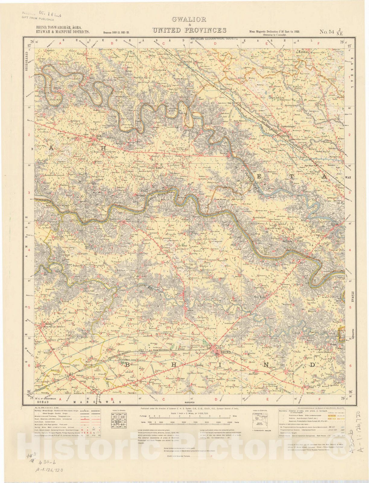 Map : Bhind, Tonwarghar, Agra, Etawah & Mainpuri Districts, Gwalior & United Provinces, No. 54 J/N.E. 1923, India and adjacent countries, Antique Vintage Reproduction