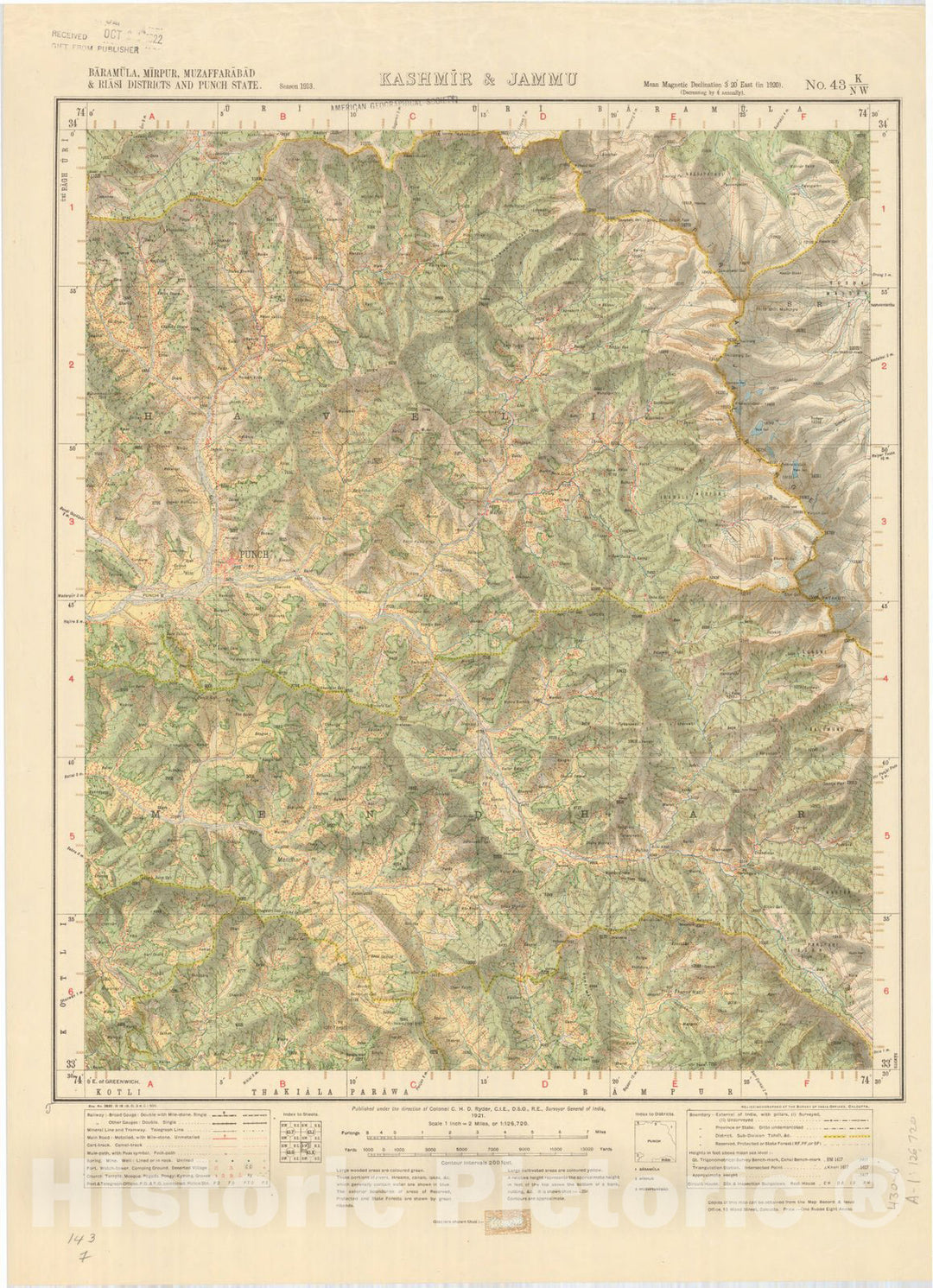 Map : Baramula, Mirpur, Muzaffarabad & Riasi Districts and Punch State, Kashmir & Jammu, No. 43 K/N.W. 1921, India and adjacent countries, Antique Vintage Reproduction