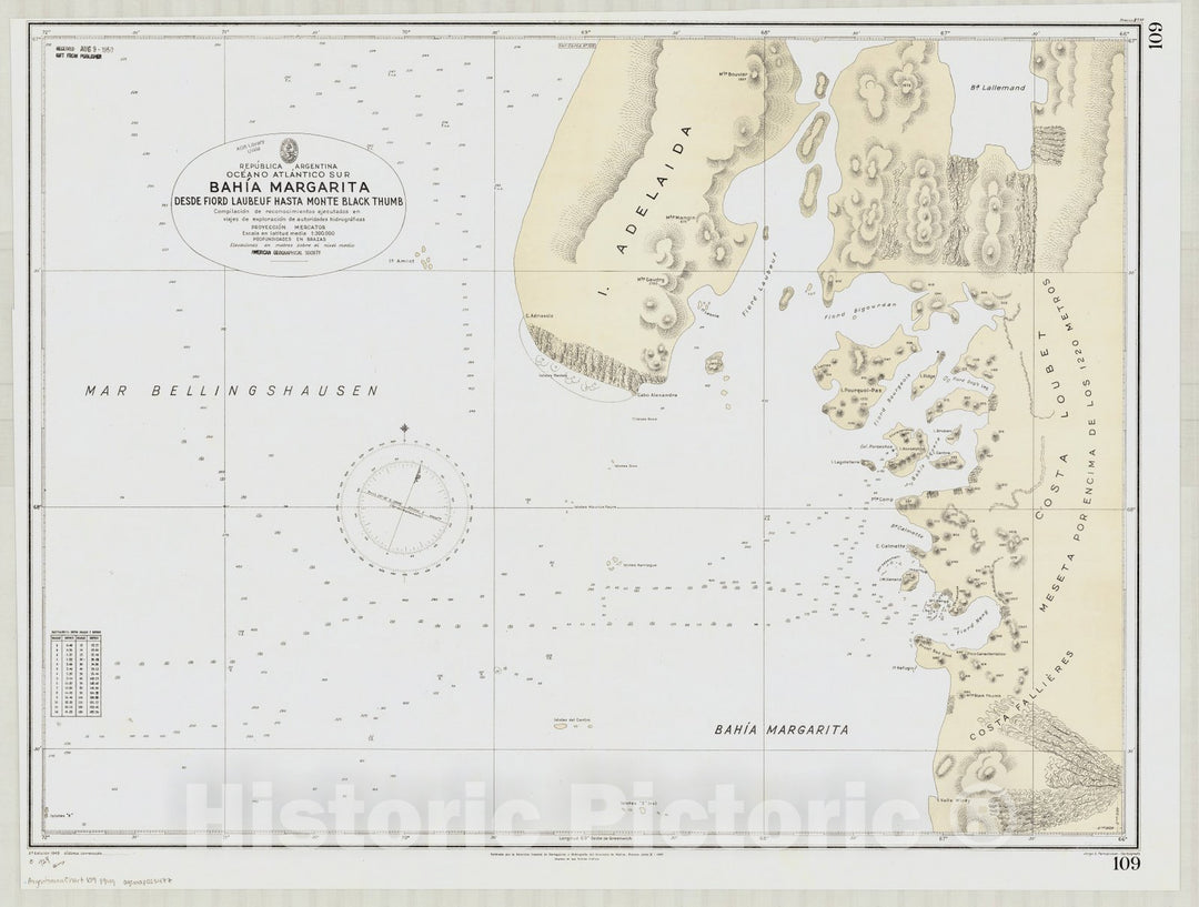 Historic Map : Graham Land, Antarctica 1949, Republica Argentina, Oceano Atlantico Sur, Bahia Margarita, desde Fiord Laubeuf hasta Monte Black Thumb , Antique Vintage Reproduction