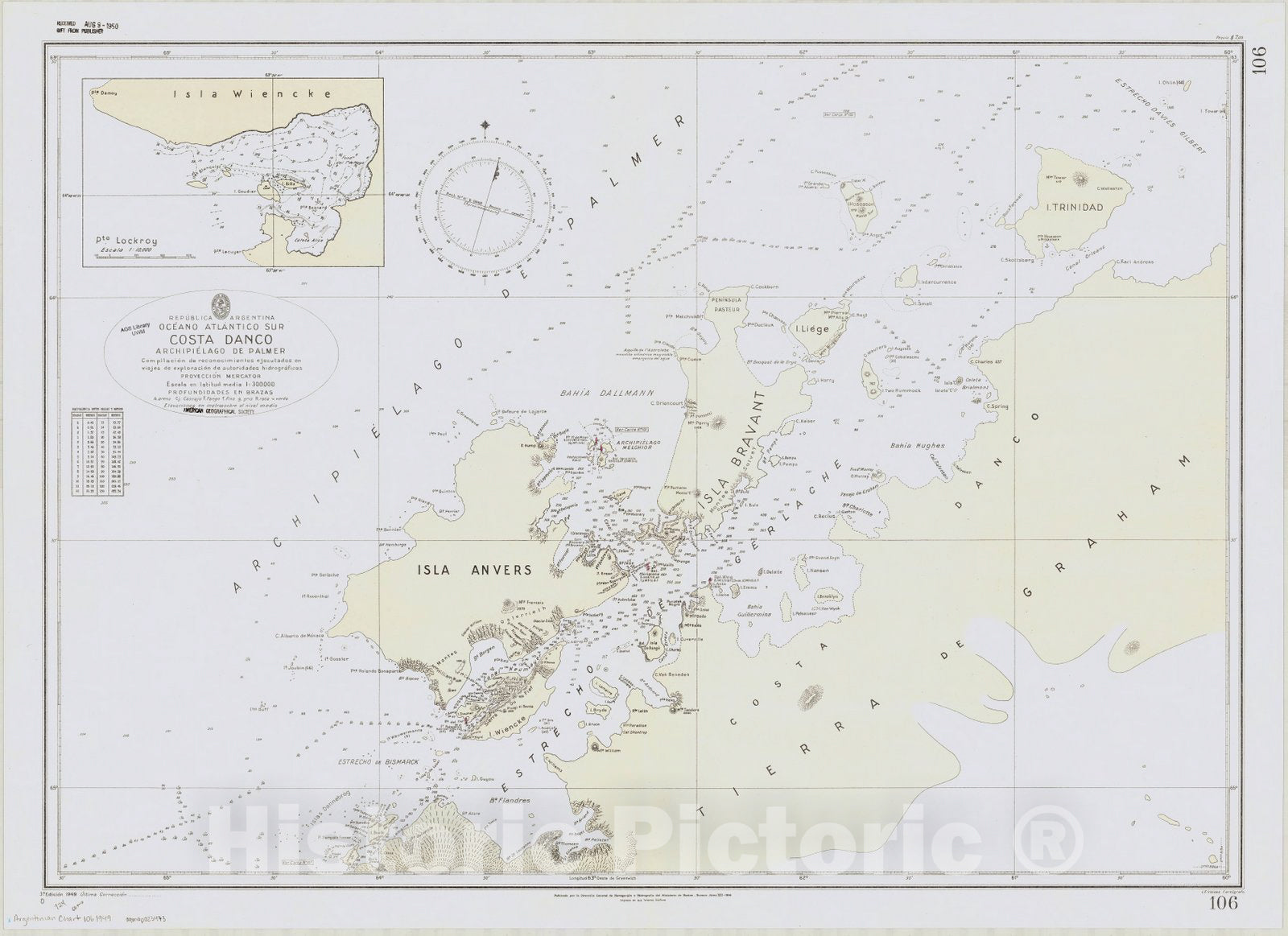 Map : Graham Land, Antarctica 1949, Republica Argentina, Oceano Atlantico Sur, Costa Danco, Archipielago de Palmer , Antique Vintage Reproduction