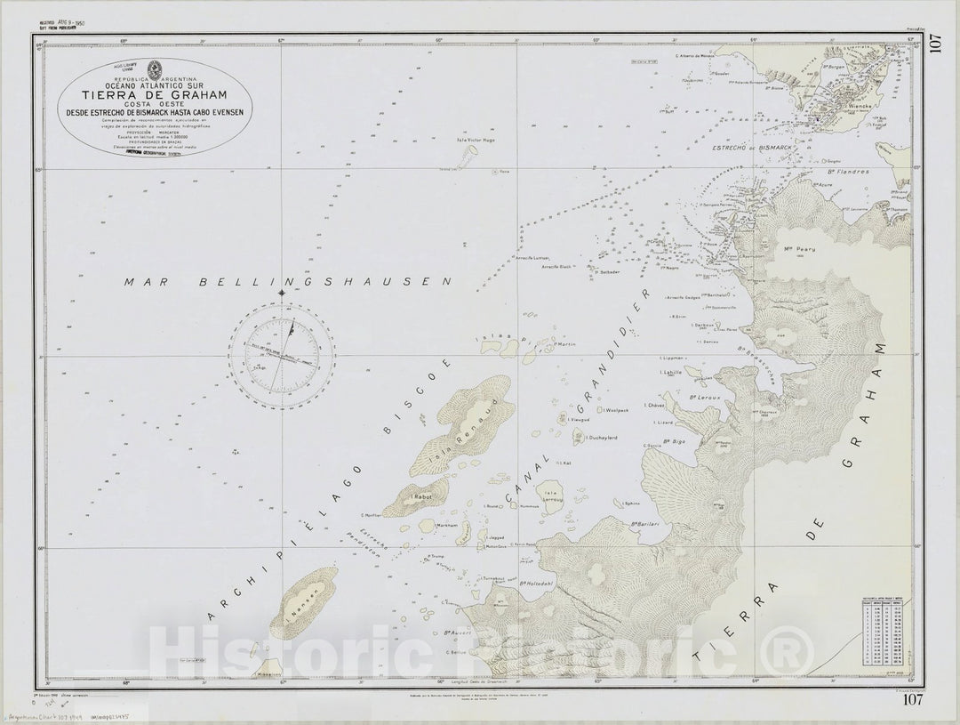 Map : Graham Land, Antarctica 1949, Republica Argentina, Oceano Atlantico Sur, Tierra de Graham, costa oeste, desde estrecho de Bismarck hasta Cabo Evensen