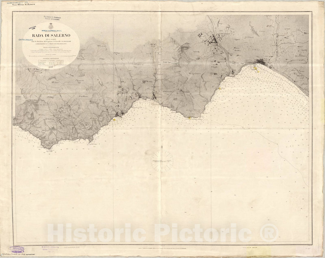 Map : Salerno, Italy 1903, Tirreno, Italia, Rada di Salerno , Antique Vintage Reproduction