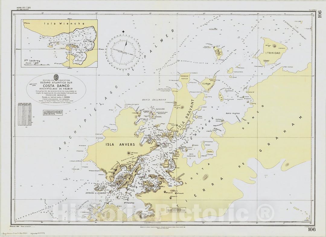 Map : Graham Land, Antarctica 1954, Republica Argentina, Oceano Atlantico Sur, Costa Danco, Archipielago de Palmer , Antique Vintage Reproduction