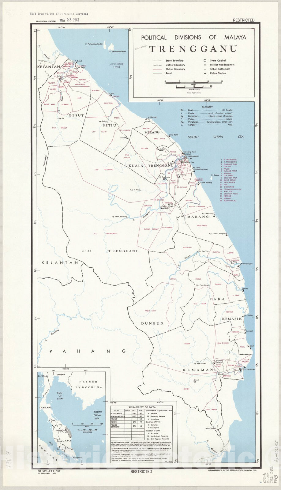 Map : Trengganu, Malaya 1945, Political divisions of Malaya, Trengganu , Antique Vintage Reproduction