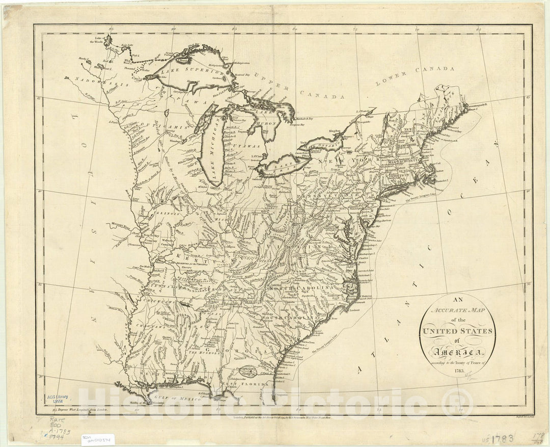 Map : United States 1783 1794, An accurate map of the United States of America : according to the Treaty of Peace of 1783, Antique Vintage Reproduction