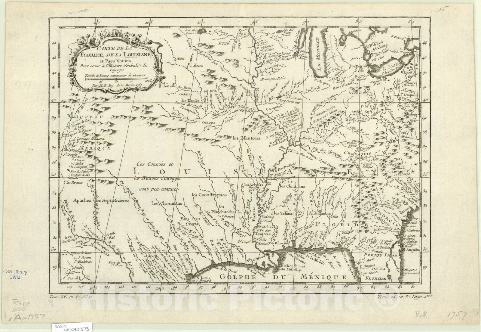 Map : United States 1757, Carte de la Floride, de la Louisiane, et pays voisin : pour servir a l'historie generale des voyages , Antique Vintage Reproduction