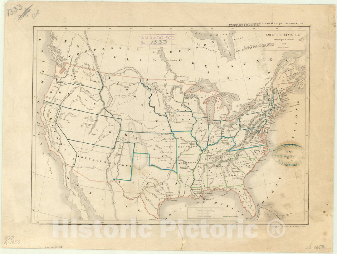 Map : United States 1856, Carte des Etats-Unis , Antique Vintage Reproduction