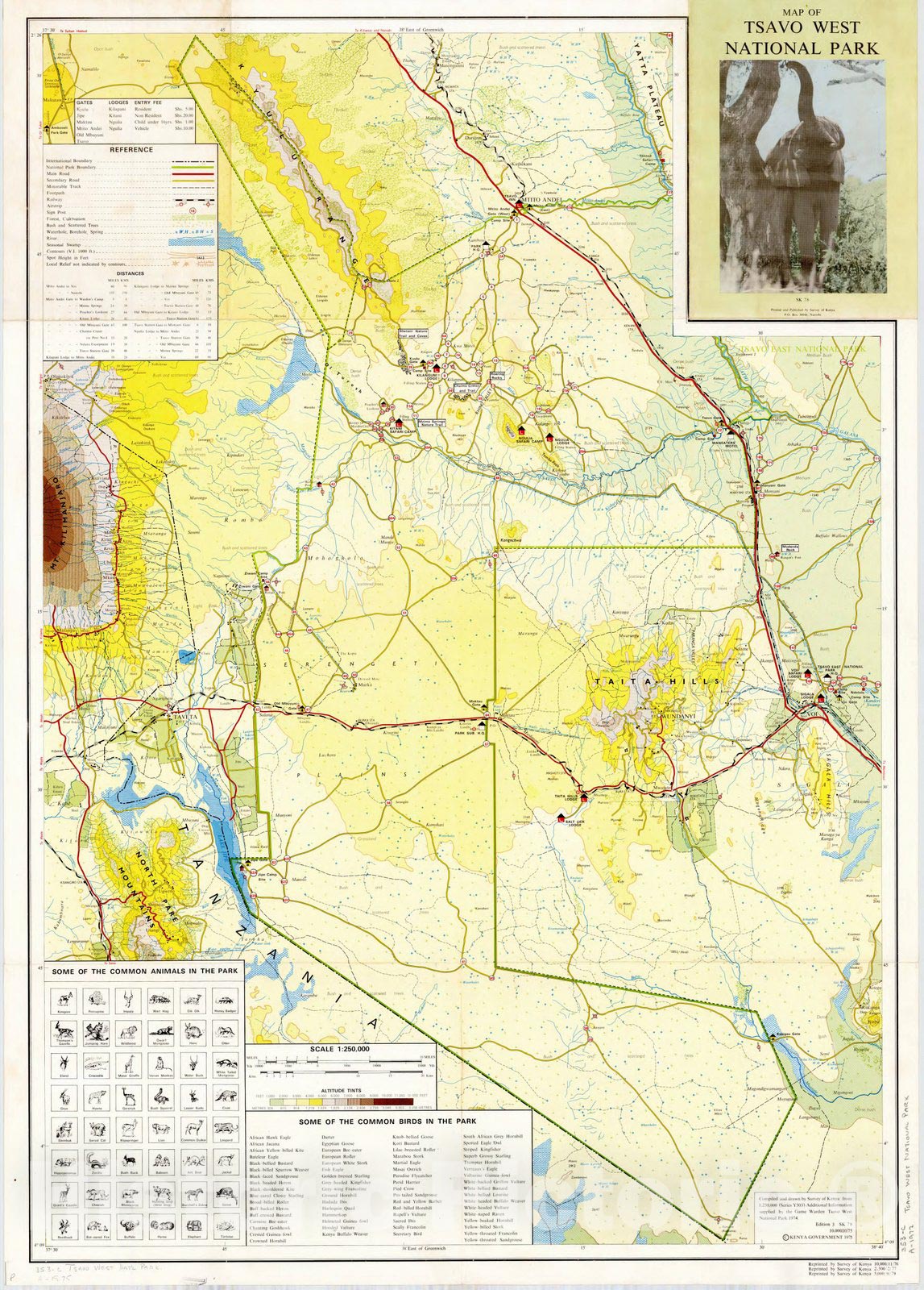 Map : Kenya 1975, Map of Tsavo West National Park , Antique Vintage Reproduction