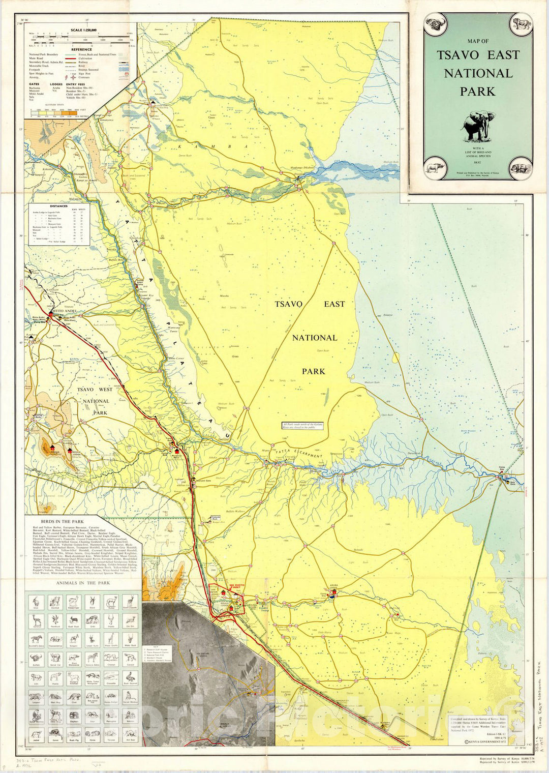 Map : Kenya 1972, Map of Tsavo East National Park with a list of bird and animal species. SK 82, Antique Vintage Reproduction