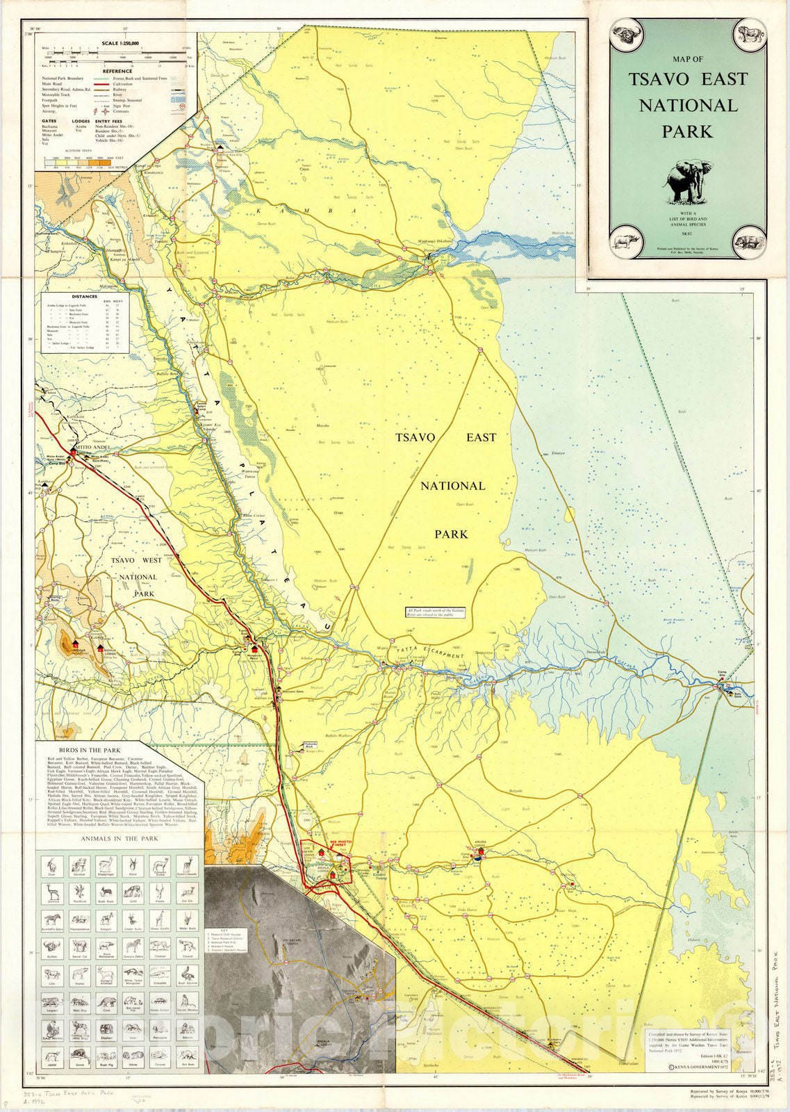 Map : Kenya 1972, Map of Tsavo East National Park with a list of bird and animal species. SK 82, Antique Vintage Reproduction