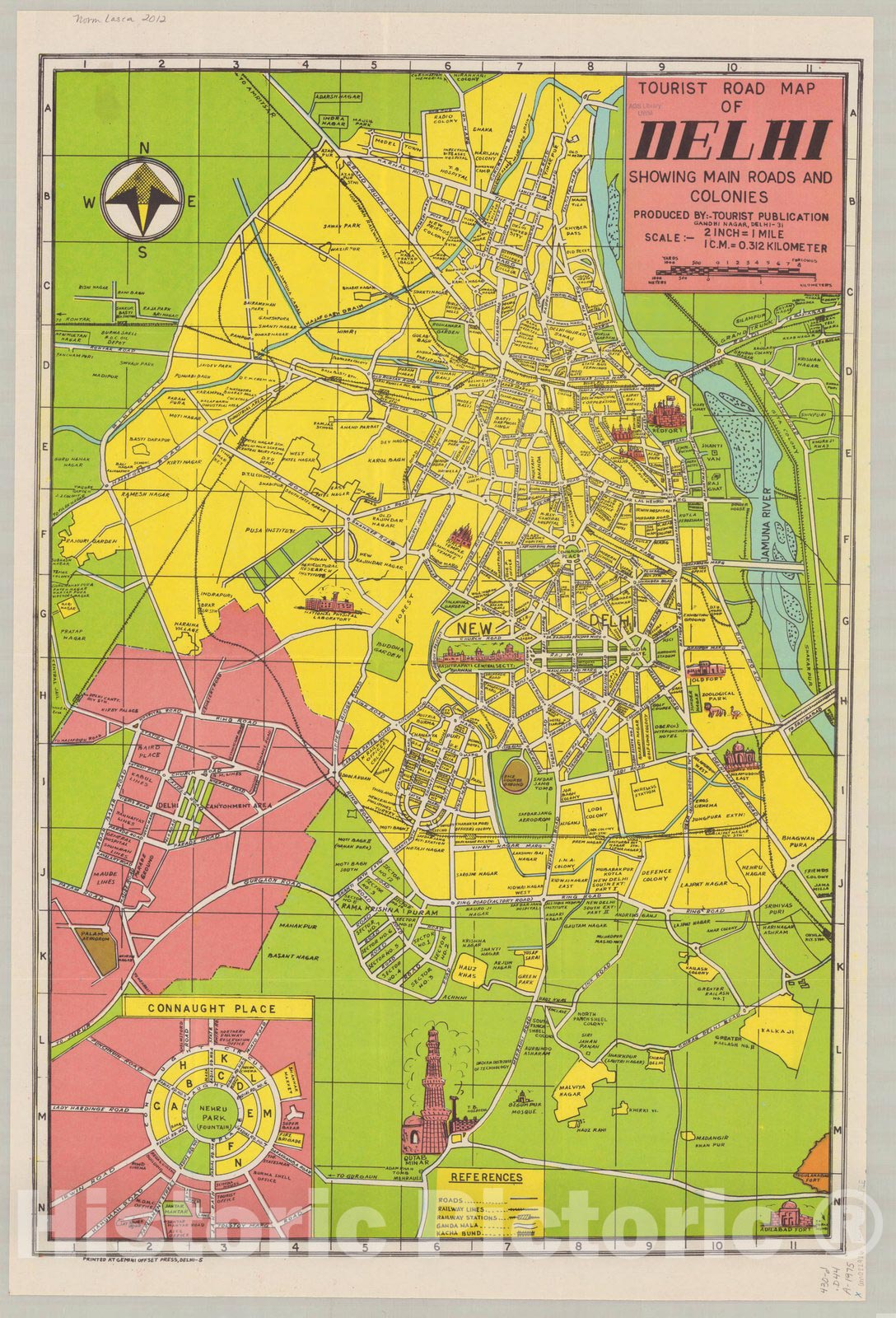 Map : Delhi, India 1975, Tourist Delhi Guide with latest Delhi road map for tourists, motorists and businessmen , Antique Vintage Reproduction