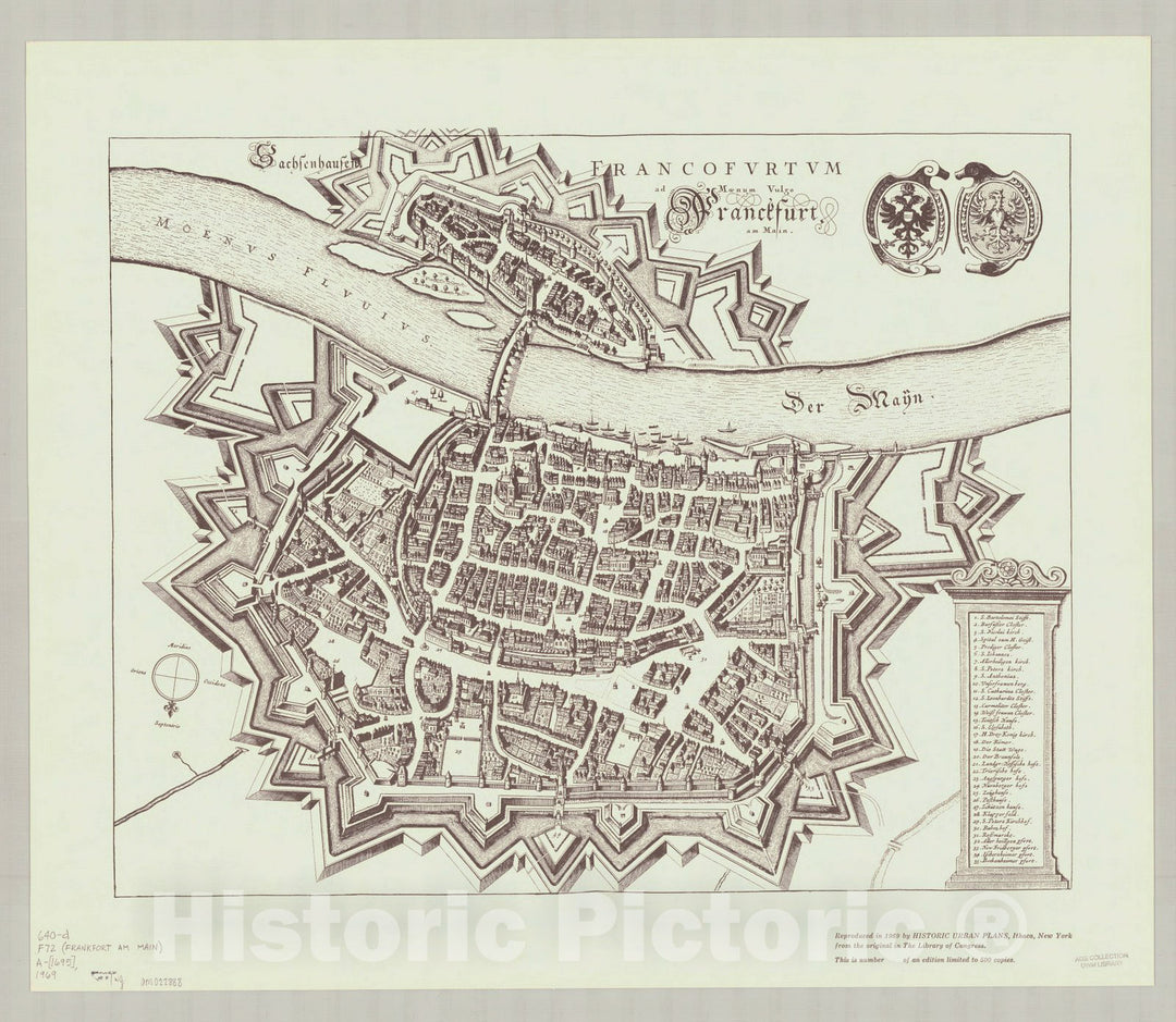 Map : Frankfurt Am Main, Germany 1695 1969, vulgo Franckfurt am Main, Antique Vintage Reproduction