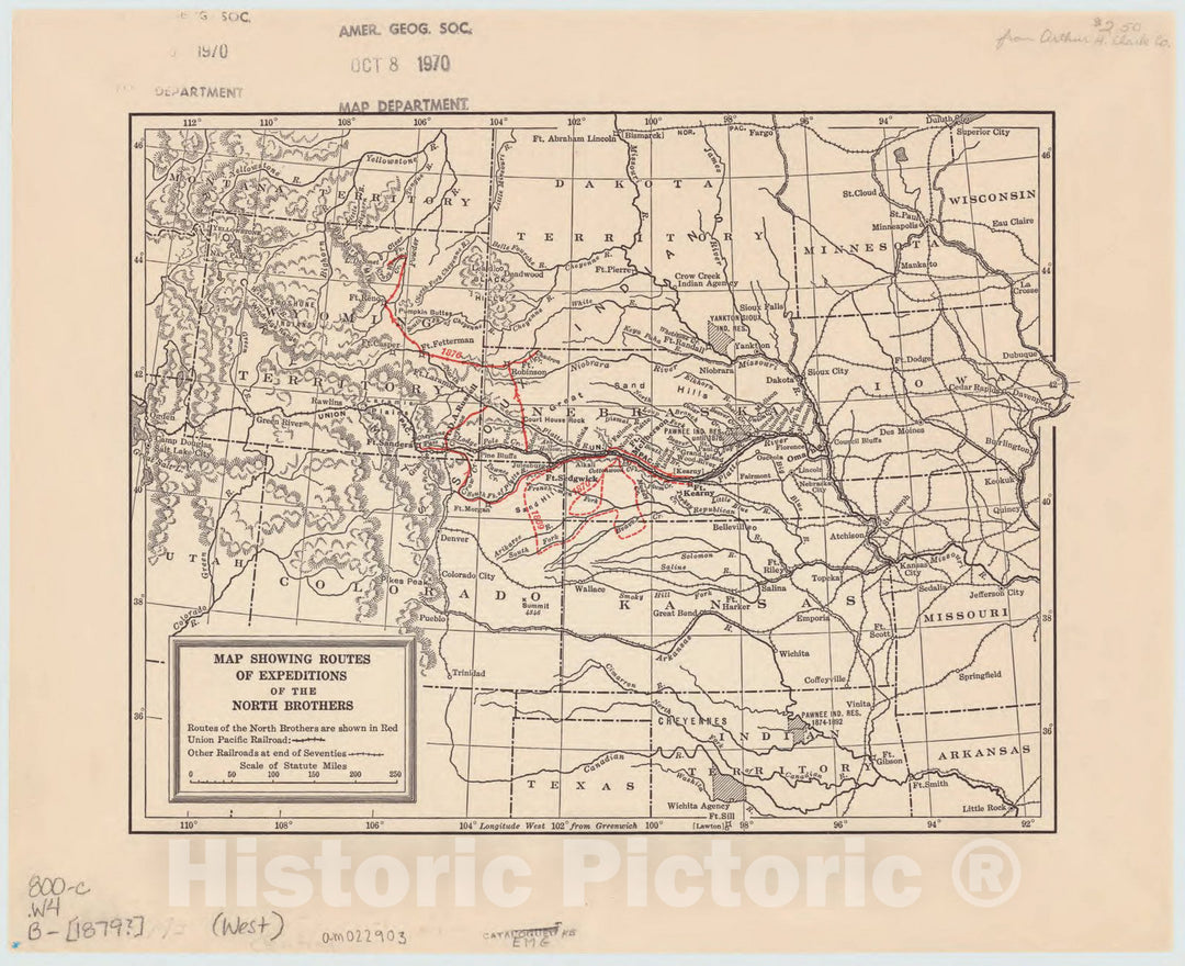 Map : United States, west 1879, Map showing routes of expeditions of the North Brothers, Antique Vintage Reproduction