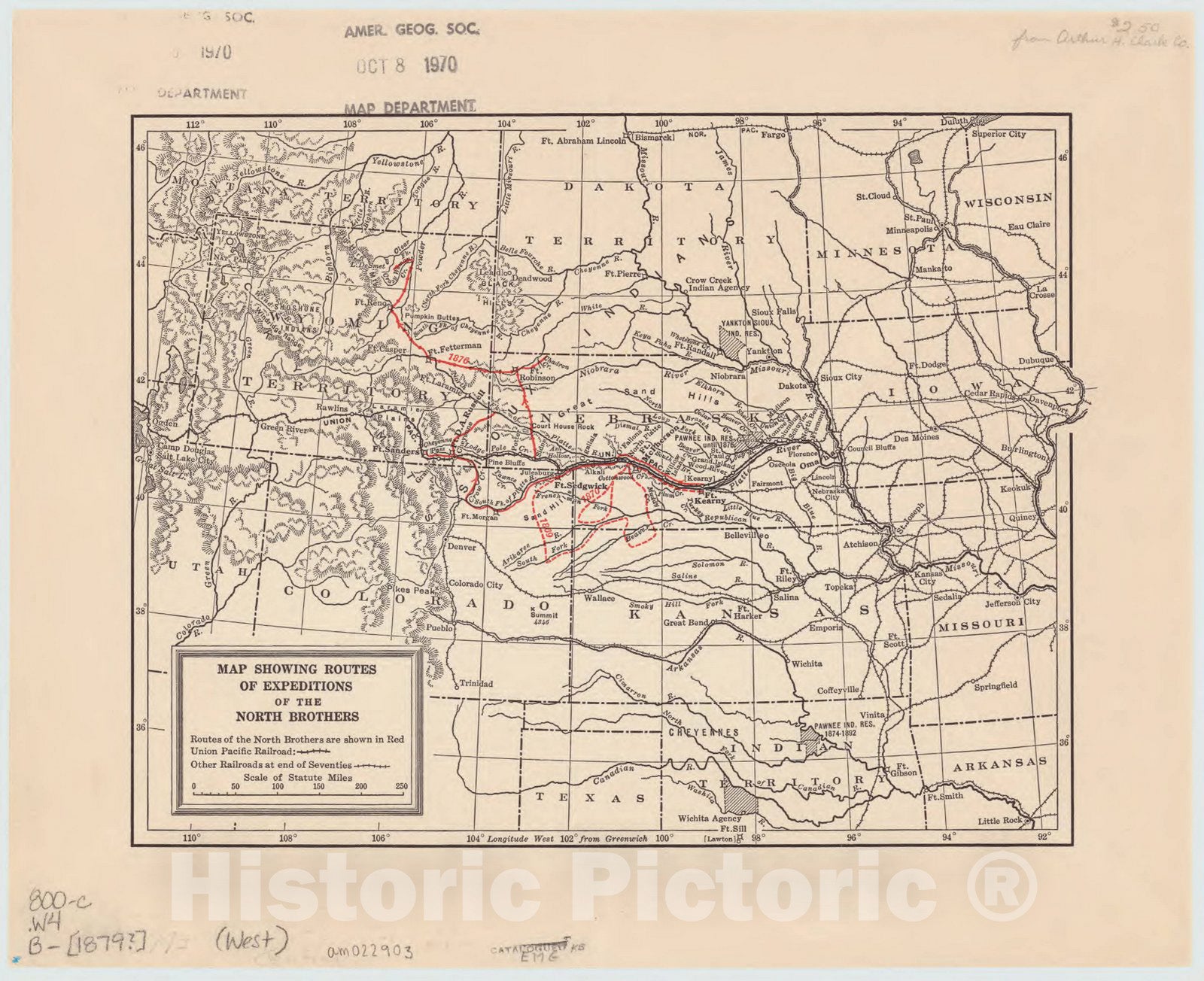 Map : United States, west 1879, Map showing routes of expeditions of the North Brothers, Antique Vintage Reproduction