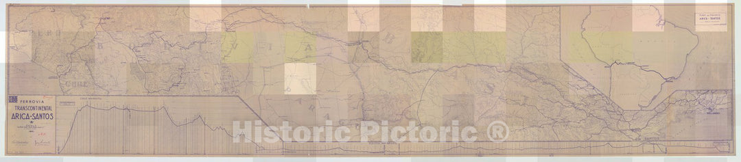 Map : Bolivia, Brazil and Chile 1941, Ferrovia Transcontinental Arica-Santos , Antique Vintage Reproduction