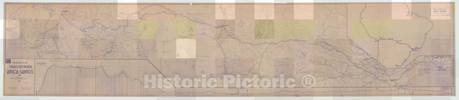 Map : Bolivia, Brazil and Chile 1941, Ferrovia Transcontinental Arica-Santos , Antique Vintage Reproduction