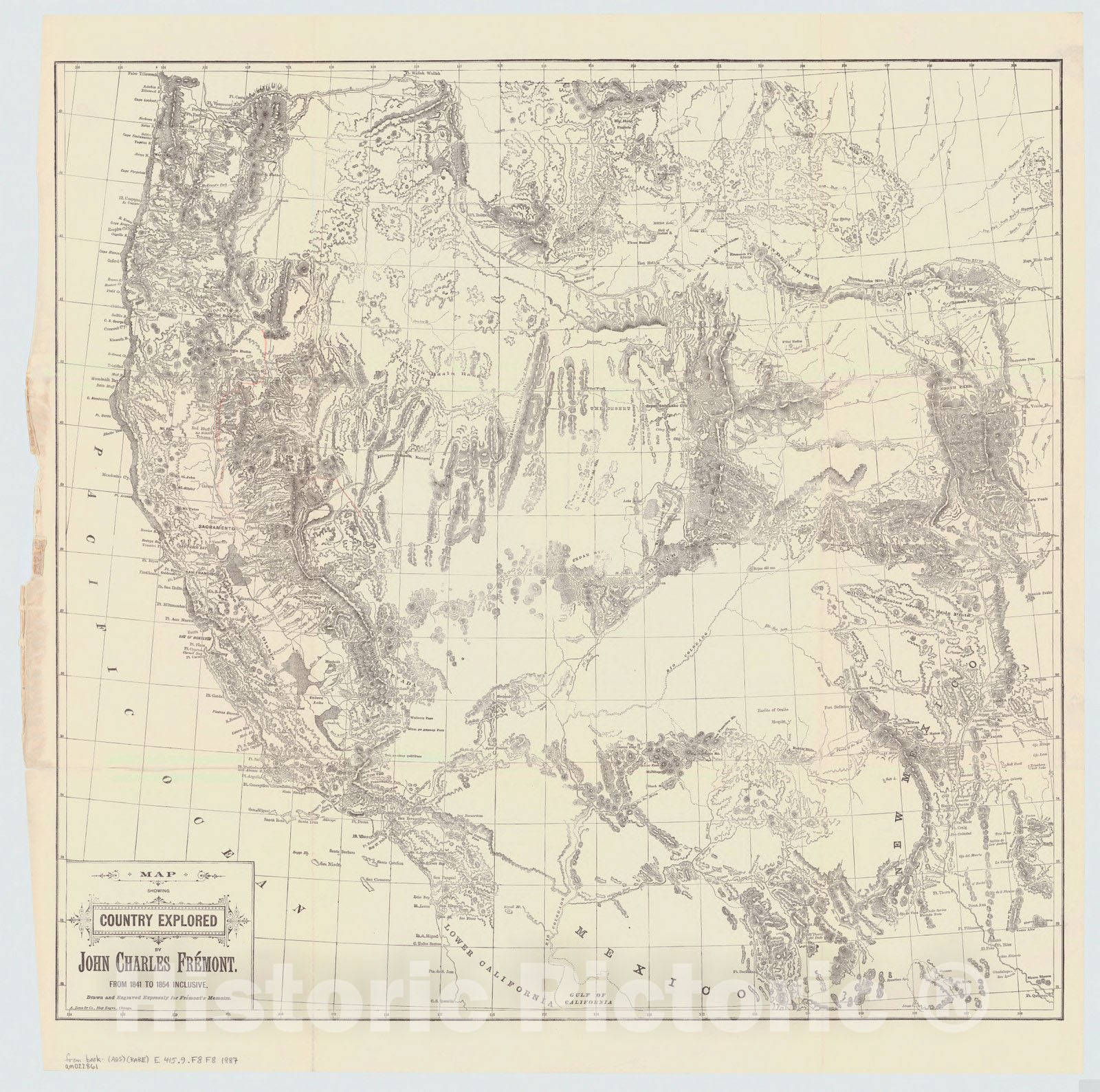 Map : United States, west 1841 1887, Map showing country explored by John Charles Fremont, from 1841 to 1854 inclusive, Antique Vintage Reproduction