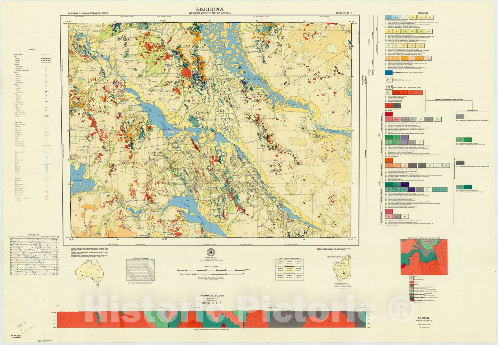 Map : Edjudina, Western Australia 1973, Australia 1:250,000 geological series, Edjudina, Geological Survey of Western Australia , Antique Vintage Reproduction