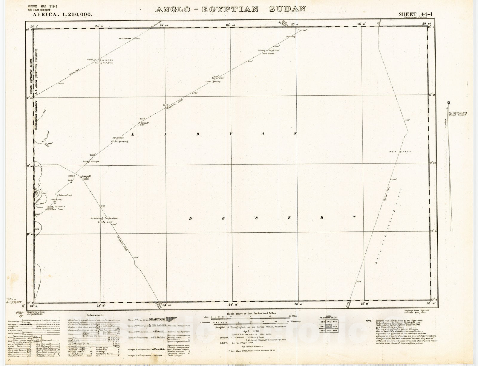 Map : Anglo-Egyptian Sudan, sheet 44-I 1942, Africa 1:250,000, Anglo-Egyptian Sudan, sheet 44-I , Antique Vintage Reproduction