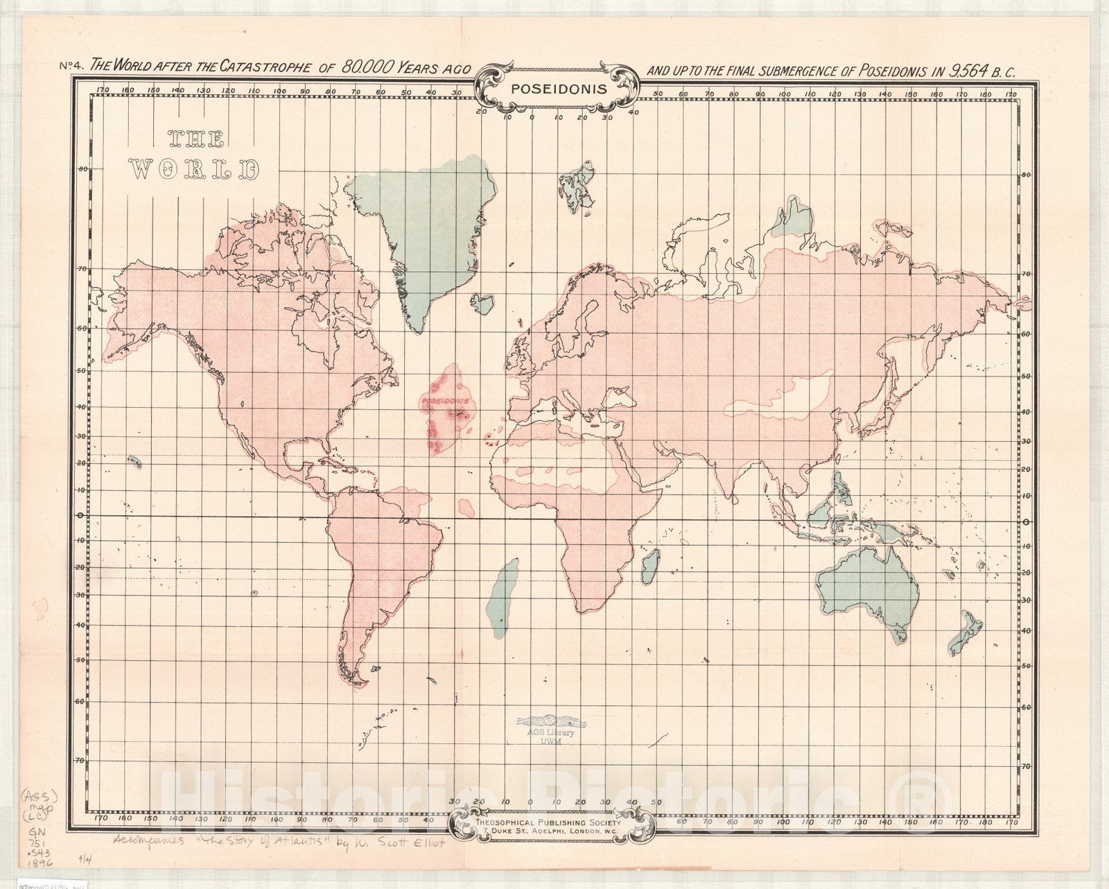 Map : World map 1896, No. 4 The world after the catastrophe of 80,000 years ago and up to the final submergence of Poseidonis in 9,564 B.C., Poseidonis.