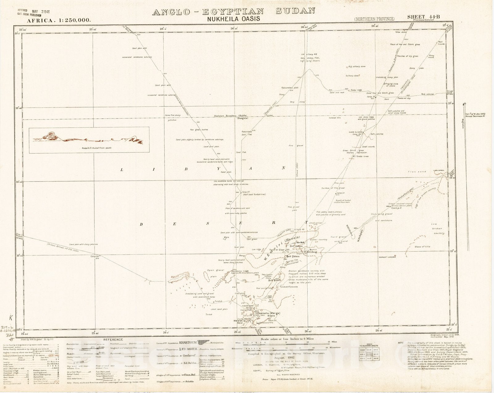 Map : Nukheila Oasis, Anglo-Egyptian Sudan 1942, East Africa 1:250,000, Anglo-Egyptian Sudan, Nukheila Oasis, sheet 44-B , Antique Vintage Reproduction