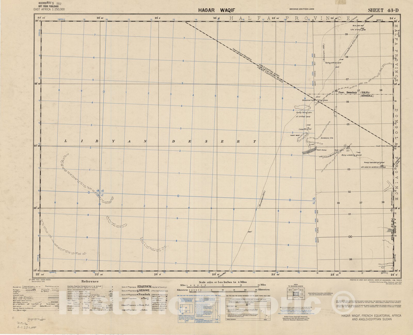 Historic Map : Hagar Waqif, East Africa 1952, East Africa 1:250,000 Hagar Waqif Sheet 43-D. Hagar Waqif, French Equatorial Africa and Anglo-Egyptian Sudan , Antique Vintage Reproduction