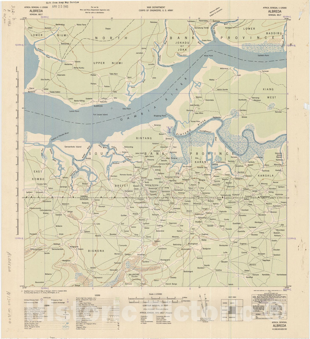 Map : Albreda, Senegal 1942, Africa, Senegal 1:125000 Albreda, Senegal Belt , Antique Vintage Reproduction