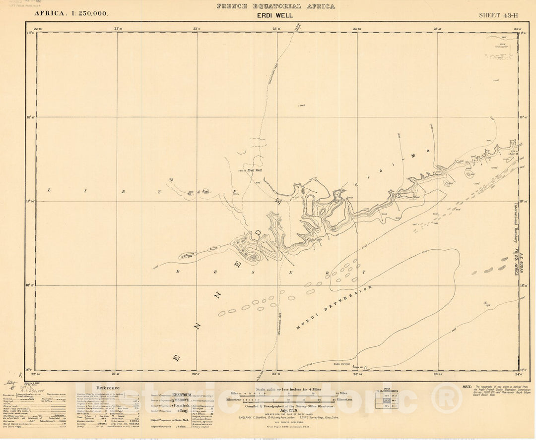 Map : Erdi Well, East Africa 1928, Africa 1:250,000, French Equatorial AFrica, Erdi Well, sheet 43-H, Antique Vintage Reproduction