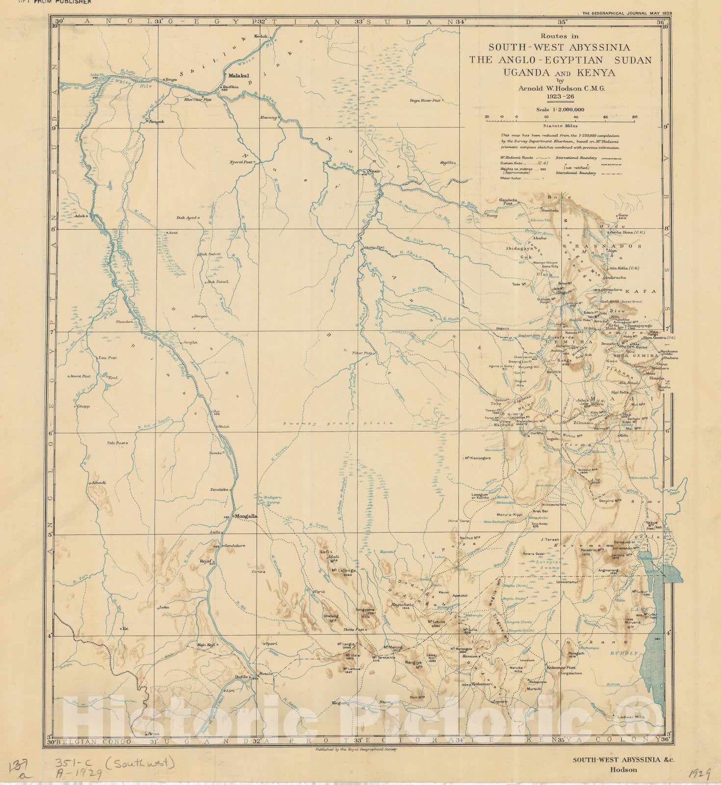 Map : Ethiopia 1929, Routes in south-west Abyssinia, the Anglo-Egyptian Sudan, Uganda and Kenya , Antique Vintage Reproduction