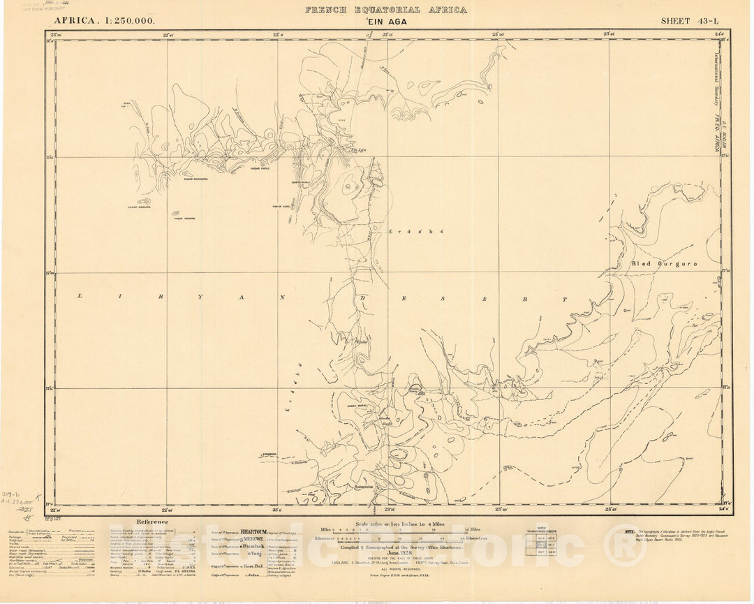 Map : Ein Aga, French Equatorial Africa 1928, Africa 1:250,000, French Equatorial Africa, 'Ein Aga sheet 43-L , Antique Vintage Reproduction